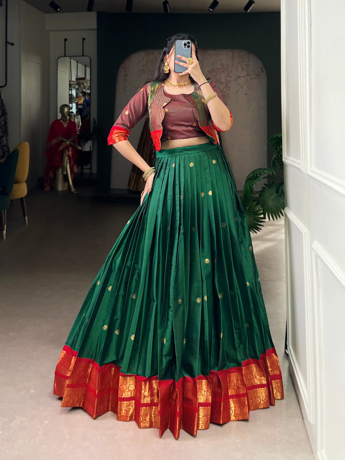 Lorenvalley Fashion Green Poly Cotton Zari Weaving Work Lehenga Choli With Koti - Swadesiicart