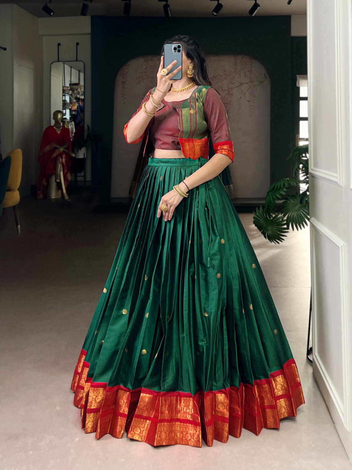 Lorenvalley Fashion Green Poly Cotton Zari Weaving Work Lehenga Choli With Koti - Swadesiicart