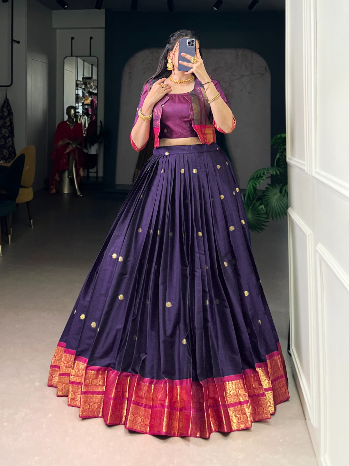 Lorenvalley Fashion Navyblue Poly Cotton Zari Weaving Work Lehenga Choli With Koti | Swadesiicart