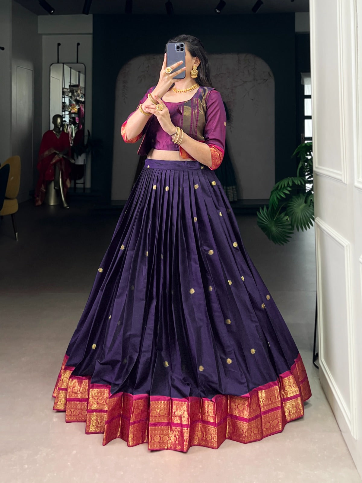 Lorenvalley Fashion Navyblue Poly Cotton Zari Weaving Work Lehenga Choli With Koti | Swadesiicart