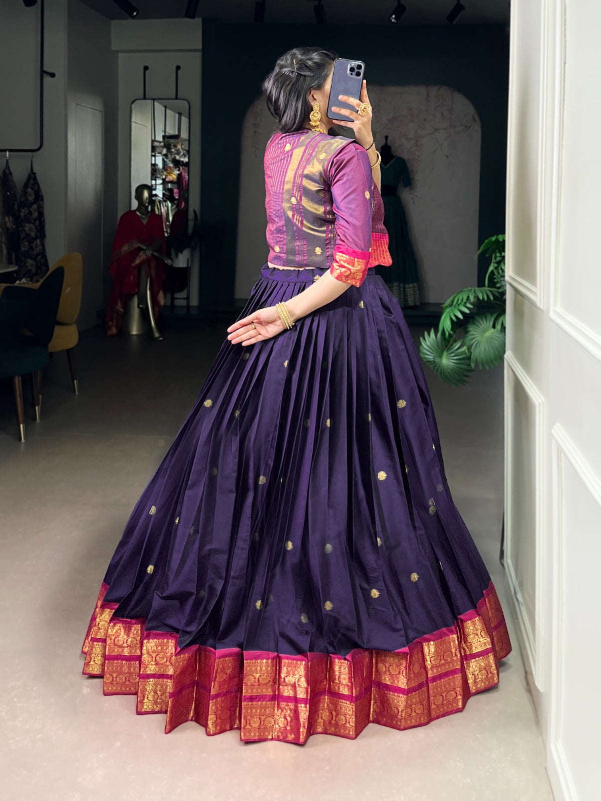 Lorenvalley Fashion Navyblue Poly Cotton Zari Weaving Work Lehenga Choli With Koti | Swadesiicart