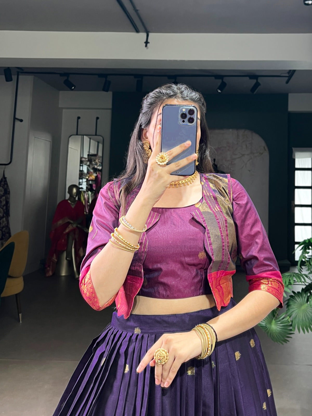 Lorenvalley Fashion Navyblue Poly Cotton Zari Weaving Work Lehenga Choli With Koti | Swadesiicart