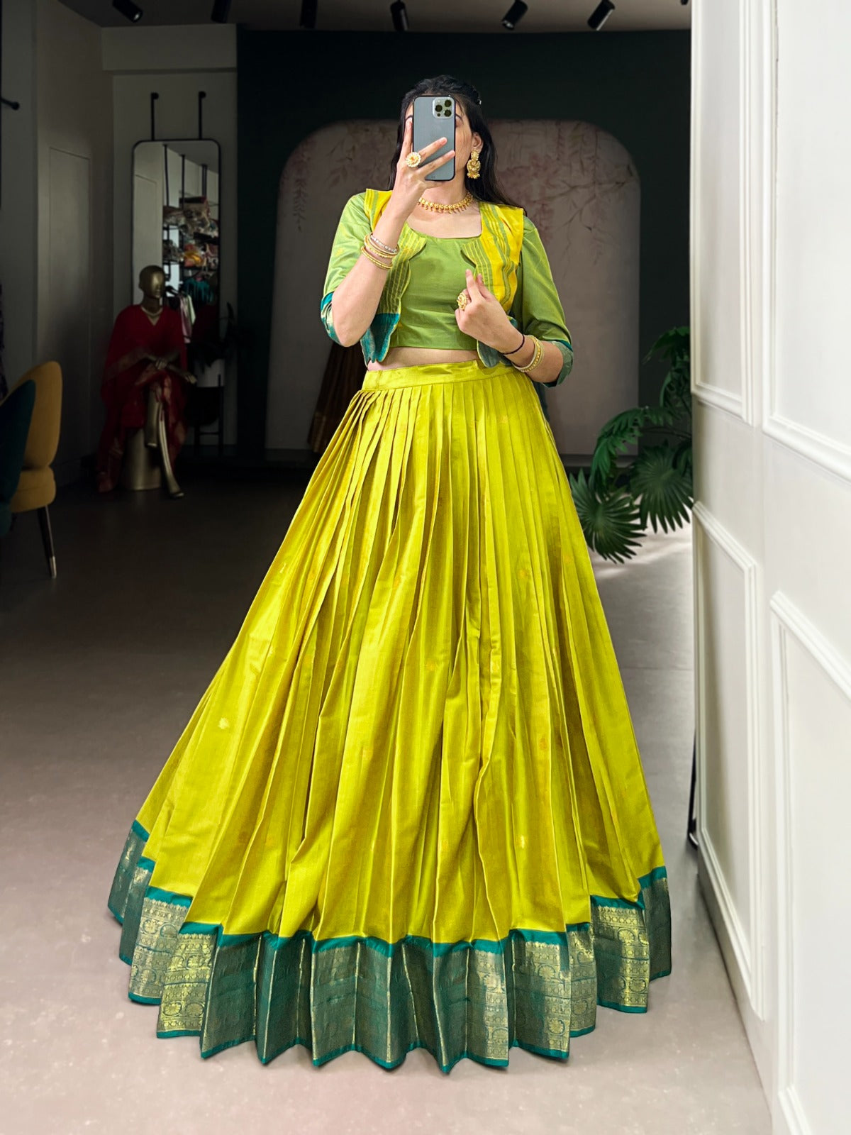 Lorenvalley Fashion Parotgreen Poly Cotton Zari Weaving Work Lehenga Choli With Koti - Swadesiicart