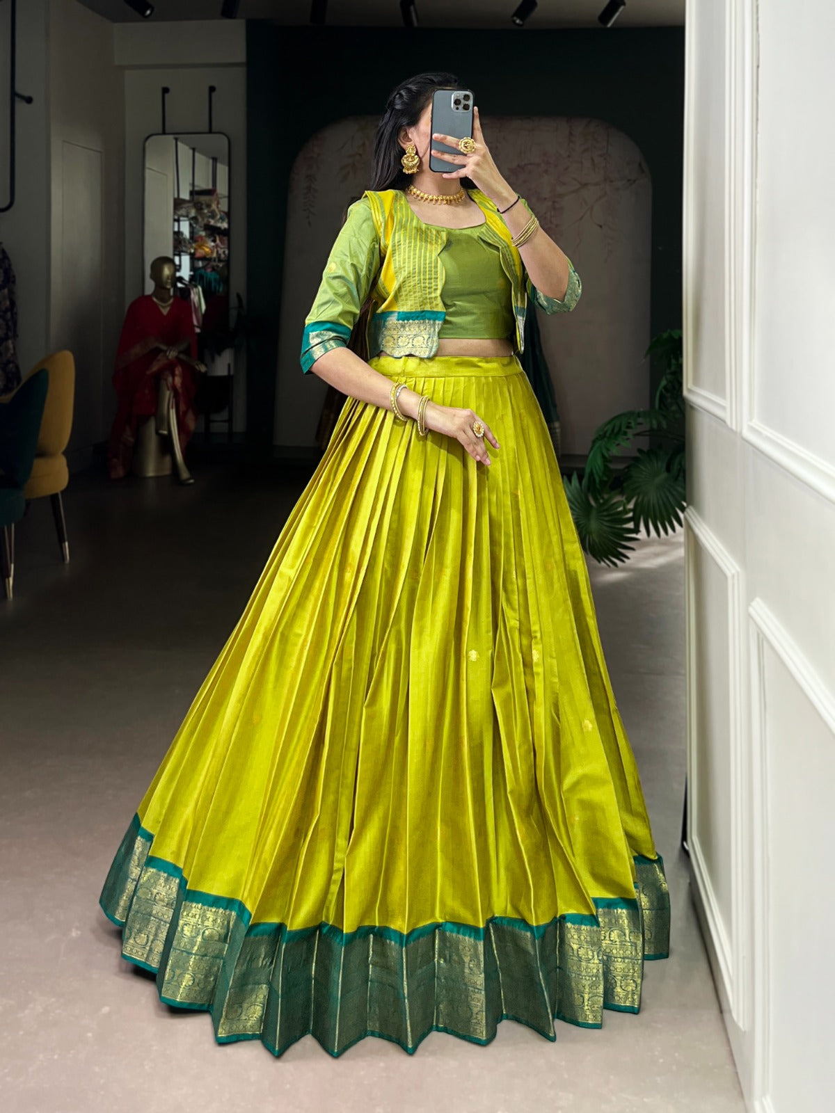 Lorenvalley Fashion Parotgreen Poly Cotton Zari Weaving Work Lehenga Choli With Koti - Swadesiicart