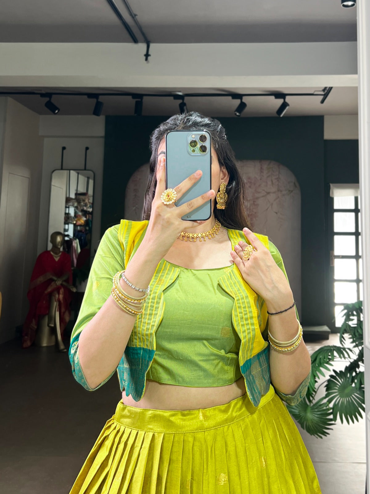 Lorenvalley Fashion Parotgreen Poly Cotton Zari Weaving Work Lehenga Choli With Koti - Swadesiicart