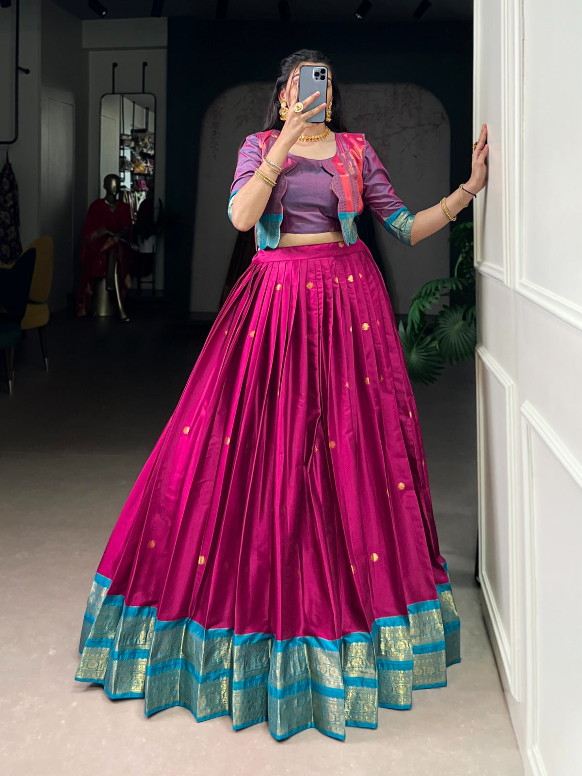 Lorenvalley Fashion Pink Poly Cotton Zari Weaving Work Lehenga Choli With Koti - Swadesiicart