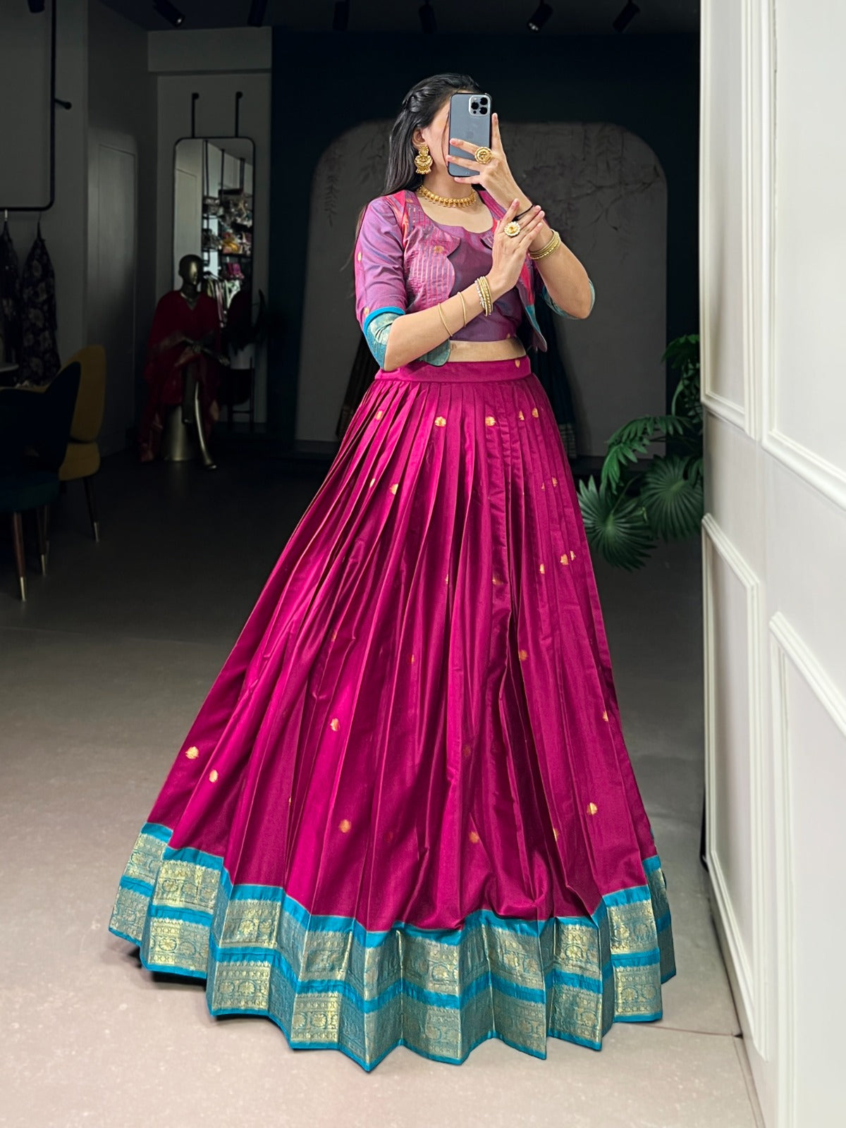 Lorenvalley Fashion Pink Poly Cotton Zari Weaving Work Lehenga Choli With Koti - Swadesiicart