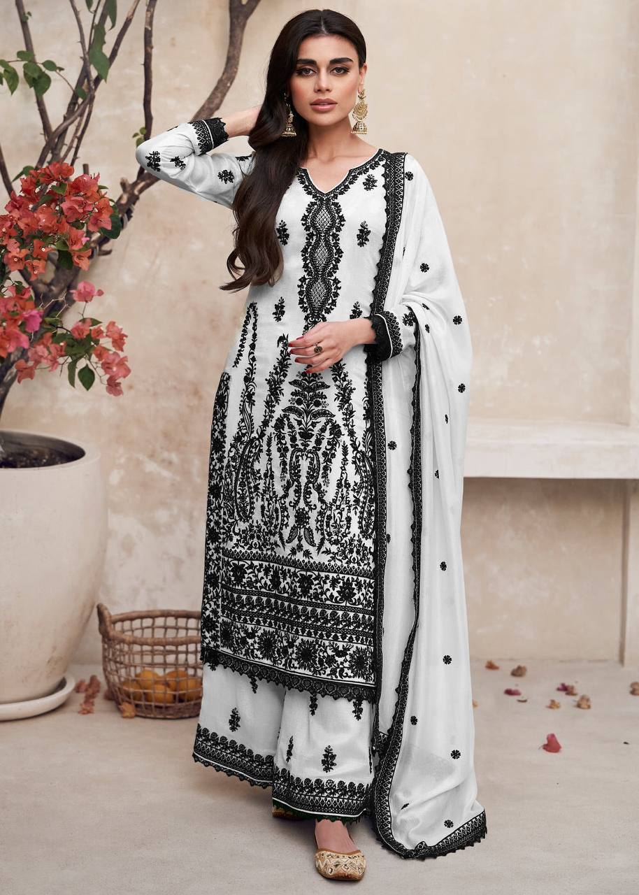 Lorenvalley White Chinon Embroidery With Sequince Work Salwar Kameez Stitched | Swadesiicart