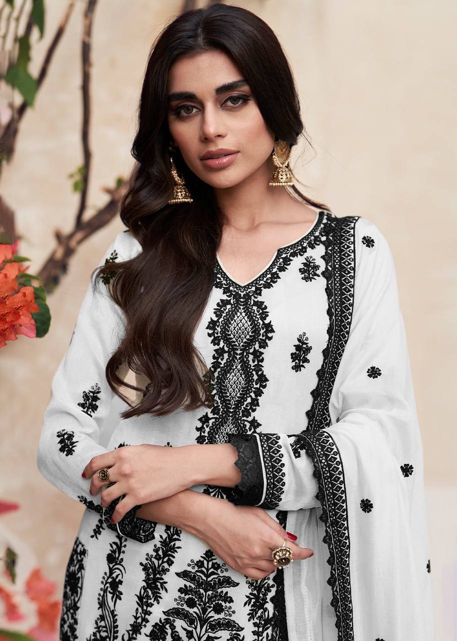 Lorenvalley White Chinon Embroidery With Sequince Work Salwar Kameez Stitched | Swadesiicart