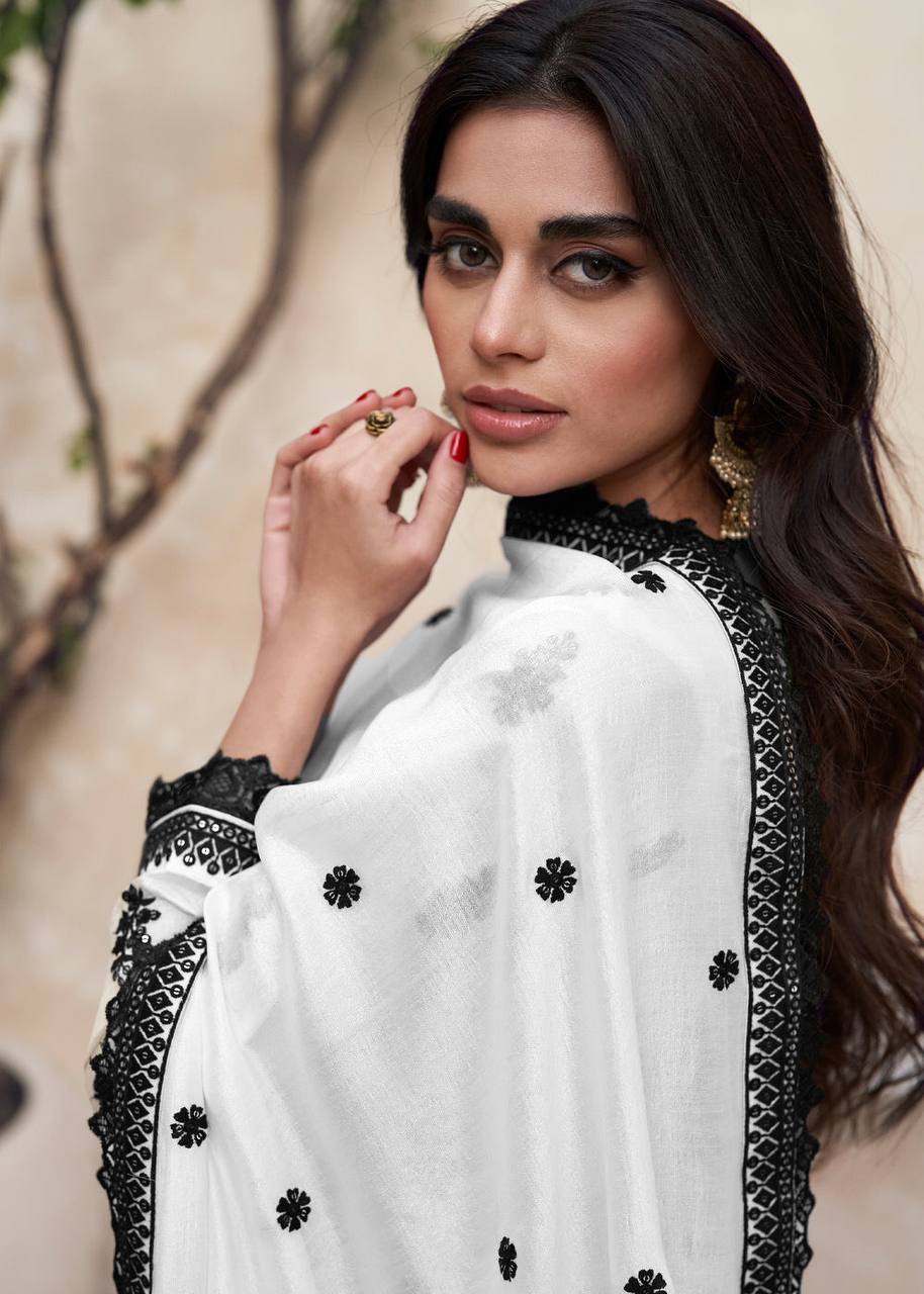 Lorenvalley White Chinon Embroidery With Sequince Work Salwar Kameez Stitched | Swadesiicart