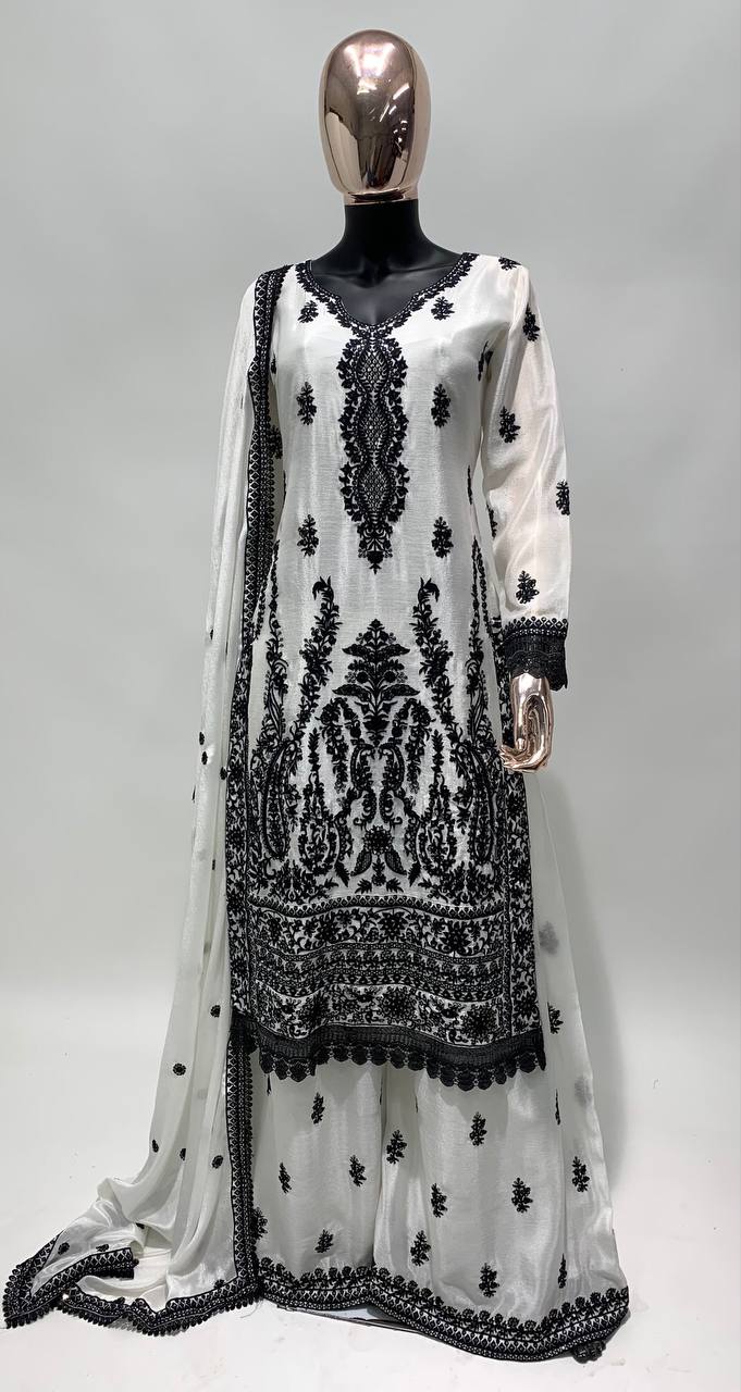 Lorenvalley White Chinon Embroidery With Sequince Work Salwar Kameez Stitched | Swadesiicart