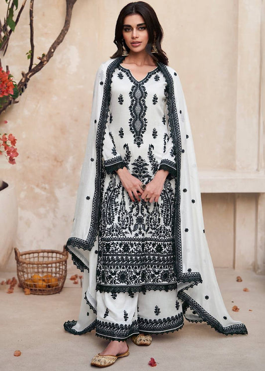 Lorenvalley White Chinon Embroidery With Sequince Work Salwar Kameez Stitched | Swadesiicart