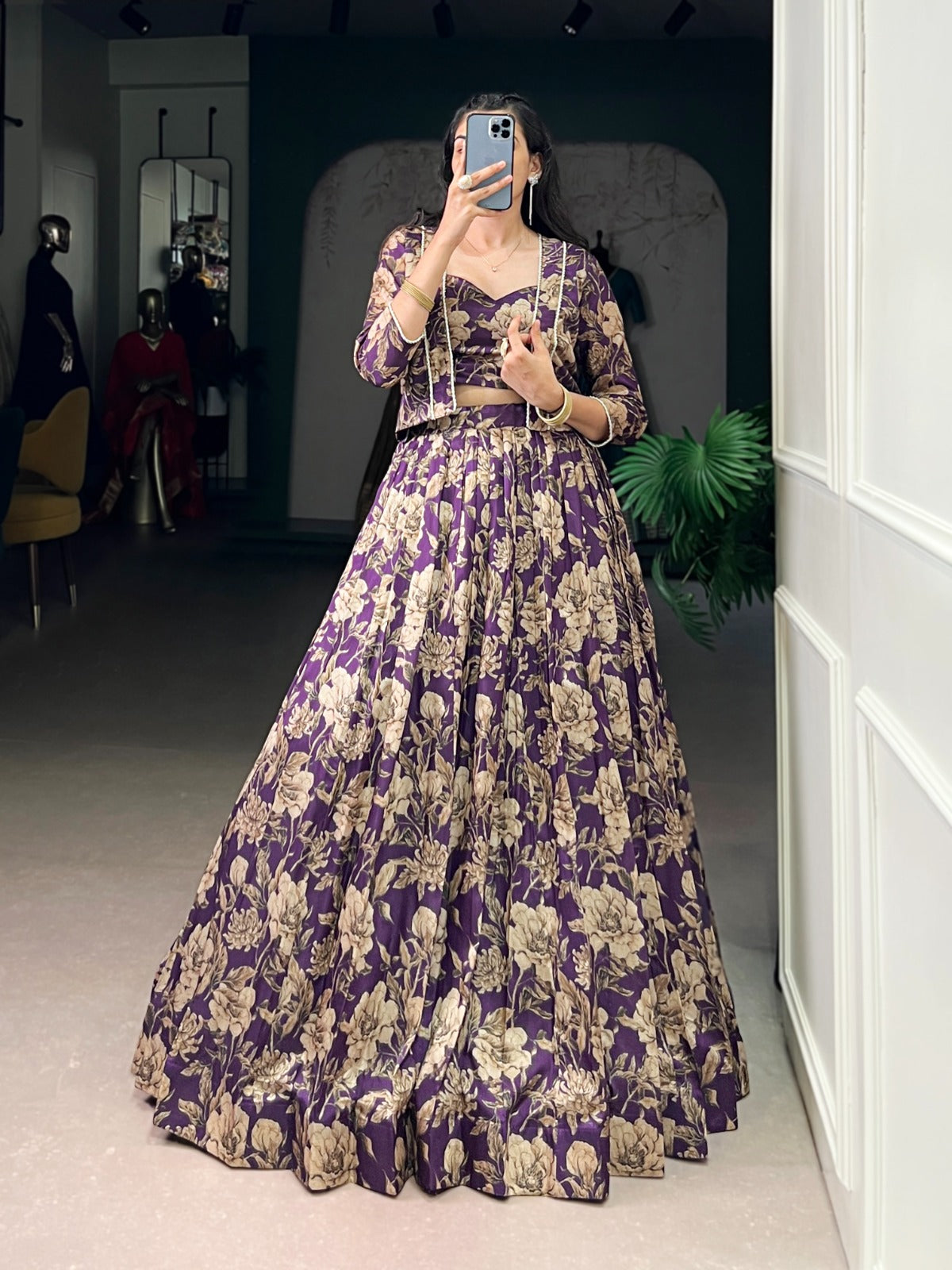 Lorenvalley Fashion Viovet Tasar Silk Floral Print Lehenga Choli with Koti | Swadesiicart
