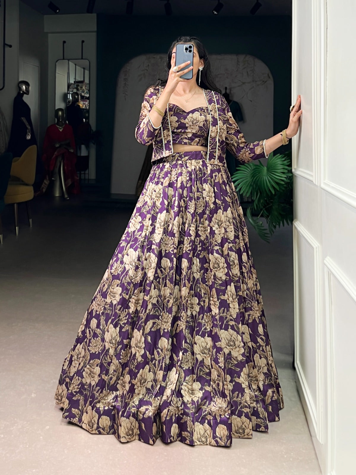 Lorenvalley Fashion Viovet Tasar Silk Floral Print Lehenga Choli with Koti | Swadesiicart