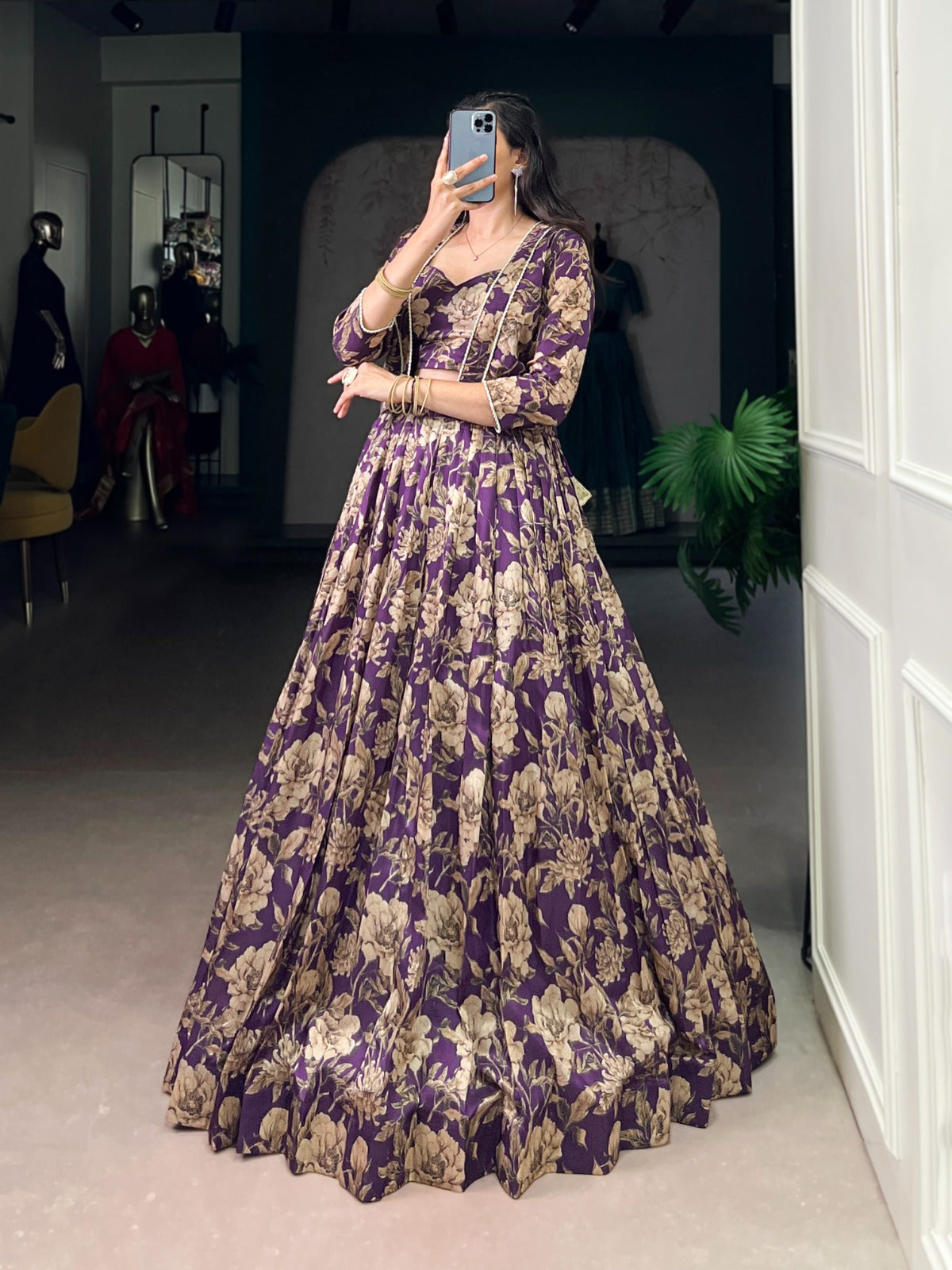 Lorenvalley Fashion Viovet Tasar Silk Floral Print Lehenga Choli with Koti | Swadesiicart