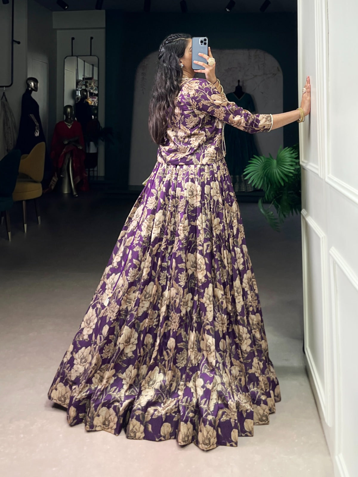 Lorenvalley Fashion Viovet Tasar Silk Floral Print Lehenga Choli with Koti | Swadesiicart