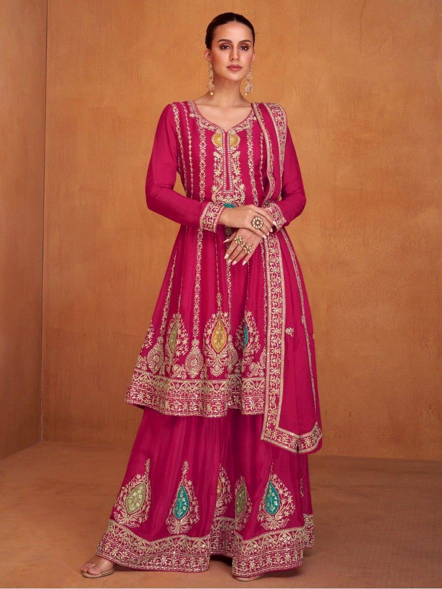 Lorenvalley Magenta Chinon Embroidery With Sequince Work Salwar Kameez Stitched | Swadesiicart