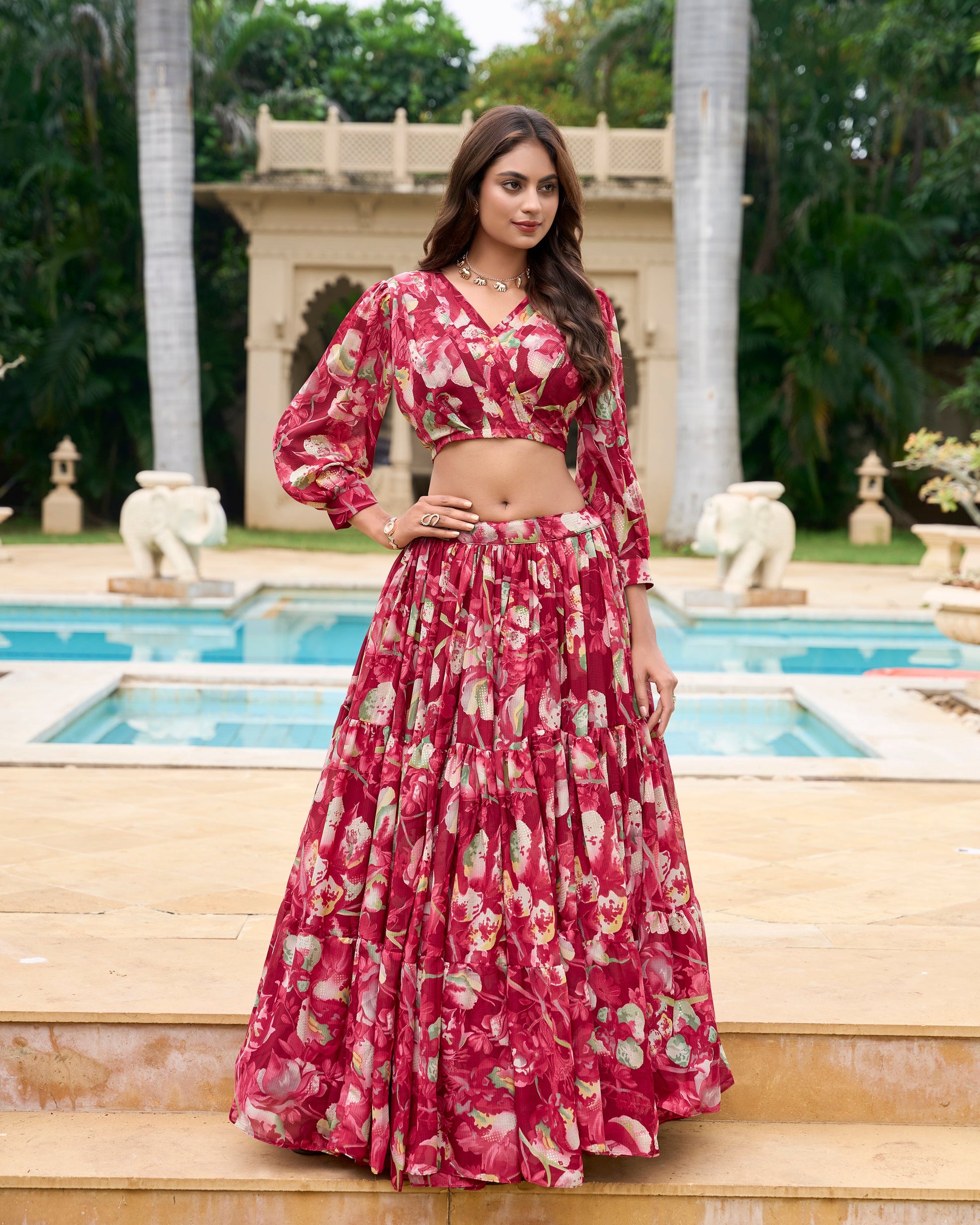 Lorenvalley Maroon Georgette Chex beautiful Floral Print ethnic Co-ord Set - Swadesiicart