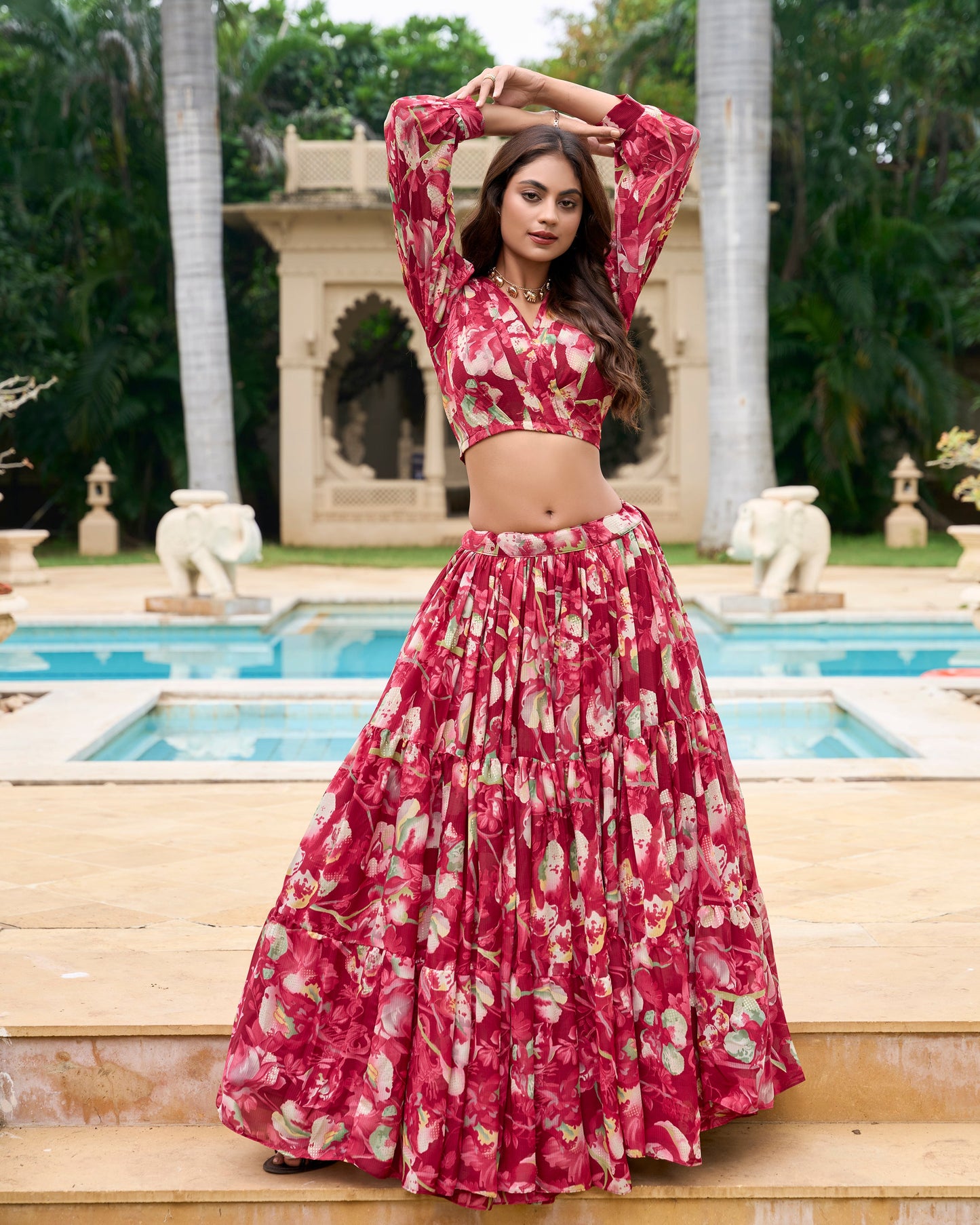 Lorenvalley Maroon Georgette Chex beautiful Floral Print ethnic Co-ord Set - Swadesiicart
