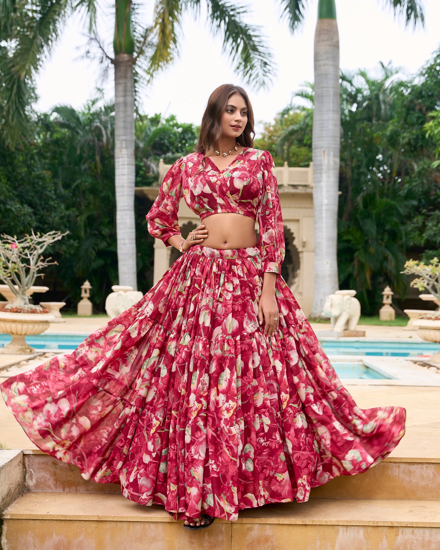 Lorenvalley Maroon Georgette Chex beautiful Floral Print ethnic Co-ord Set - Swadesiicart