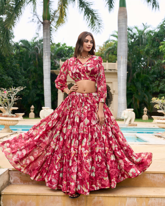 Lorenvalley Maroon Georgette Chex beautiful Floral Print ethnic Co-ord Set - Swadesiicart