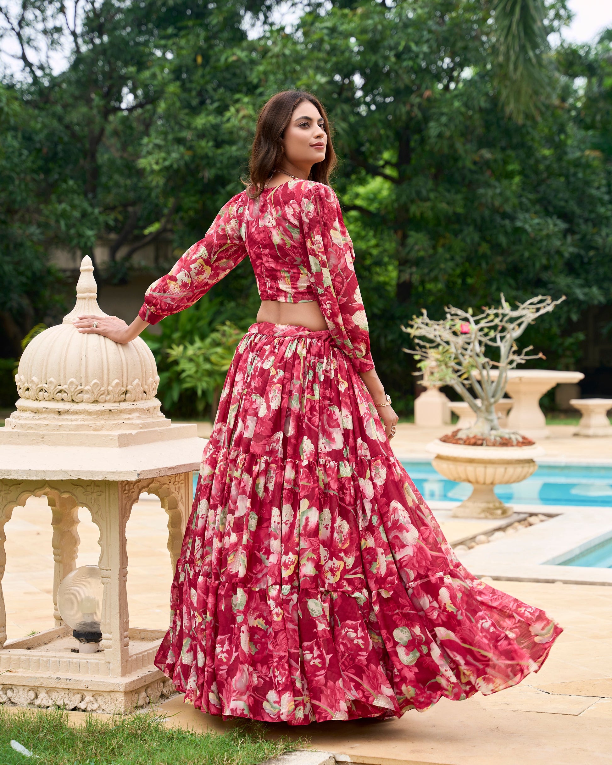 Lorenvalley Maroon Georgette Chex beautiful Floral Print ethnic Co-ord Set - Swadesiicart