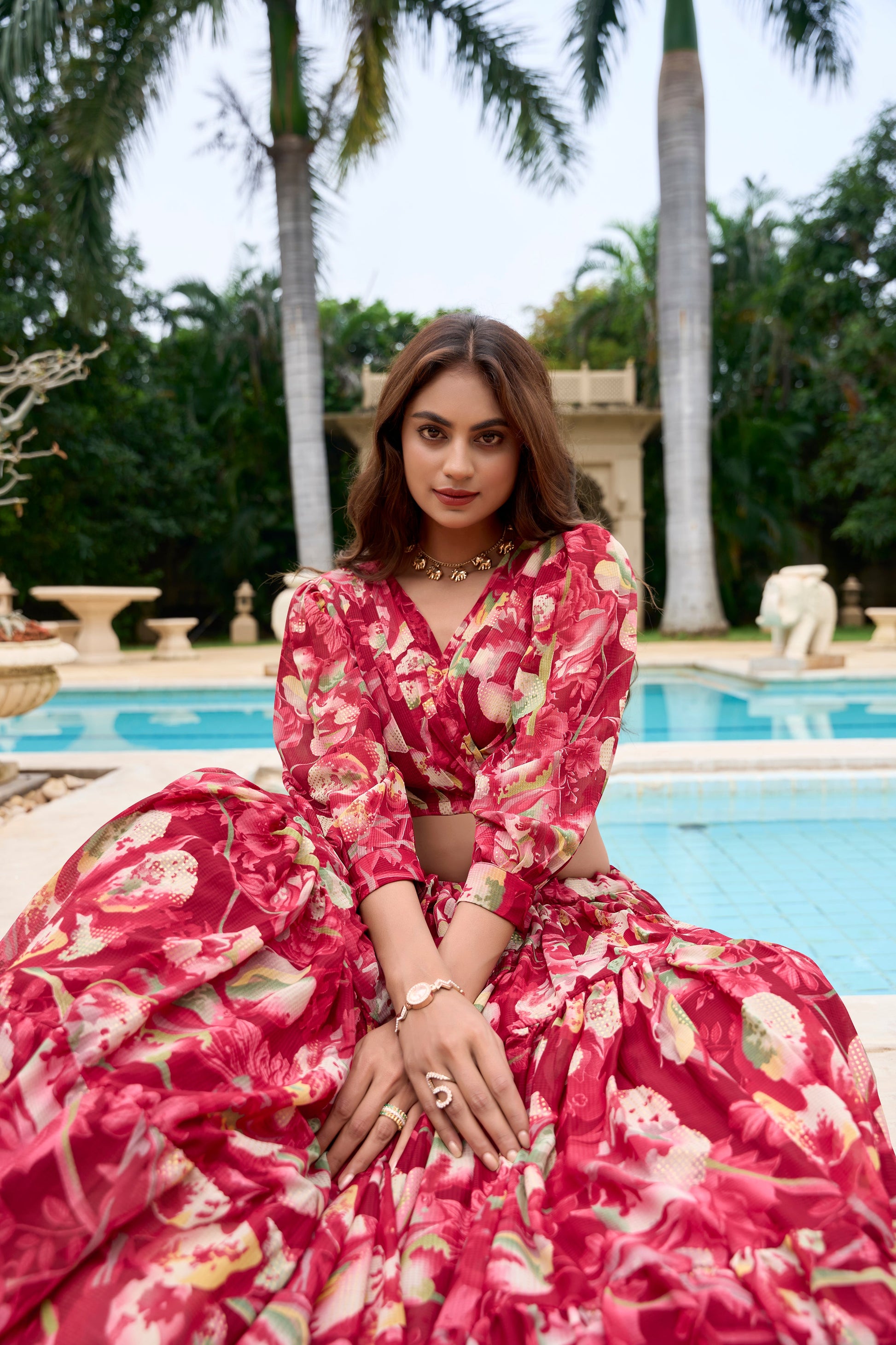 Lorenvalley Maroon Georgette Chex beautiful Floral Print ethnic Co-ord Set - Swadesiicart