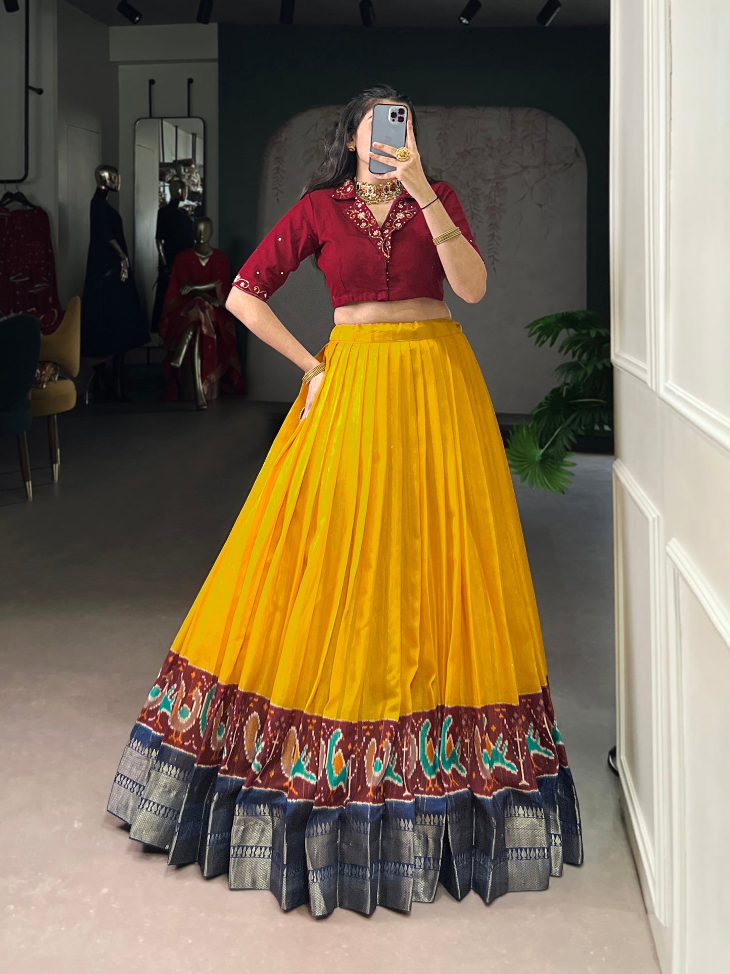 Lorenvalley Fashion Mustard Poly Cotton Printed With Zari Weaving Lehenga Choli - Swadesiicart