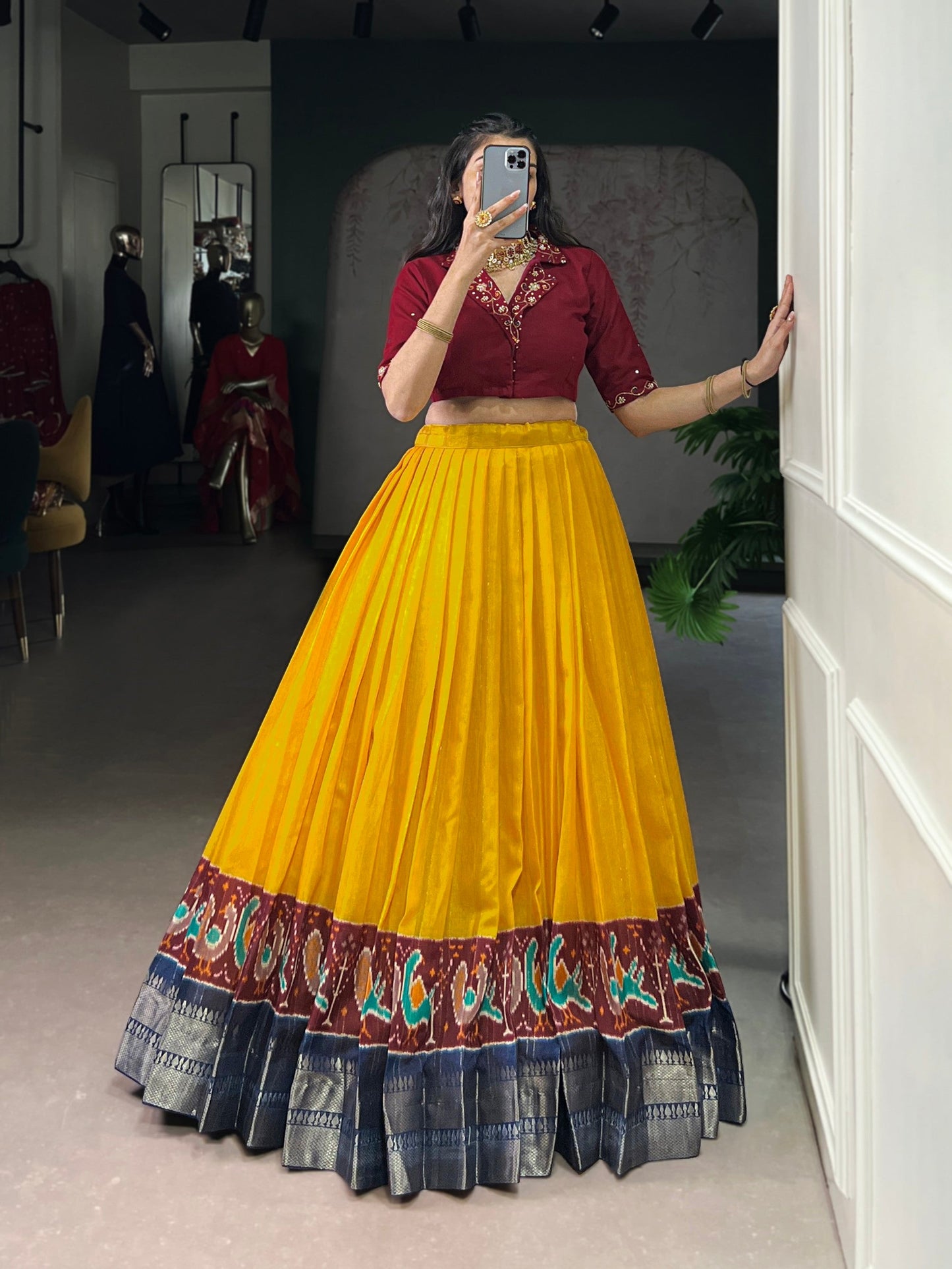 Lorenvalley Fashion Mustard Poly Cotton Printed With Zari Weaving Lehenga Choli - Swadesiicart