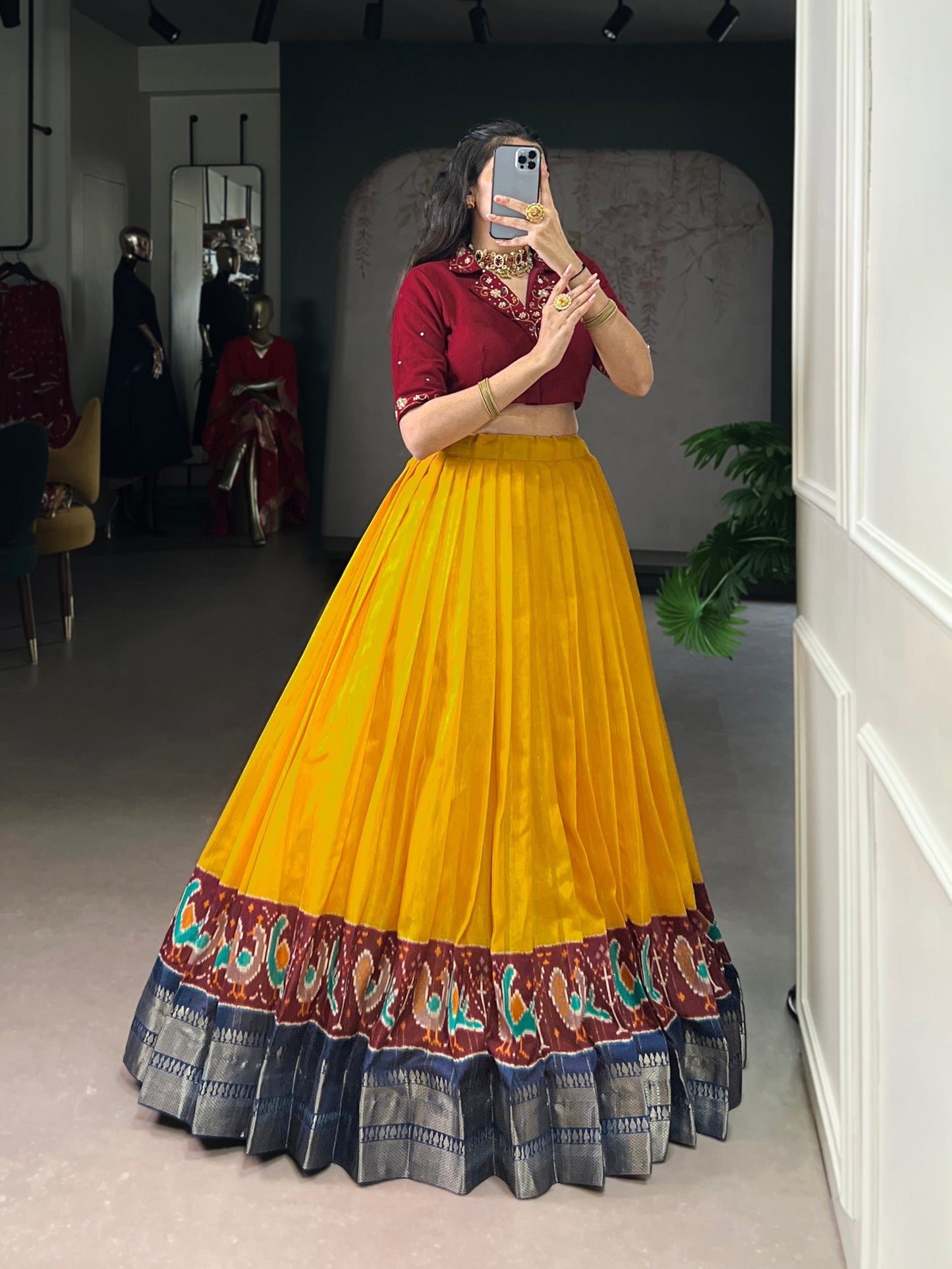 Lorenvalley Fashion Mustard Poly Cotton Printed With Zari Weaving Lehenga Choli - Swadesiicart