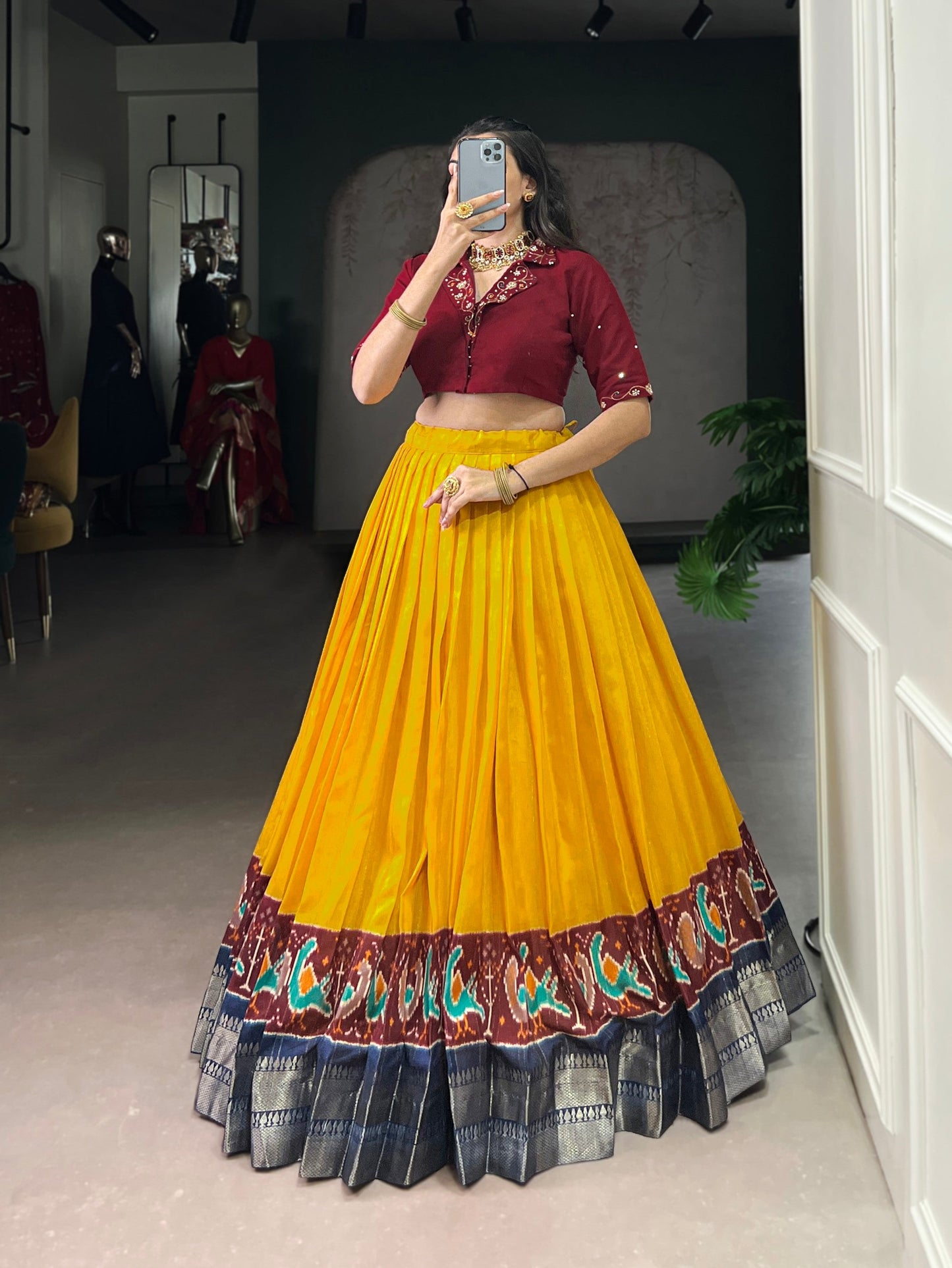 Lorenvalley Fashion Mustard Poly Cotton Printed With Zari Weaving Lehenga Choli - Swadesiicart