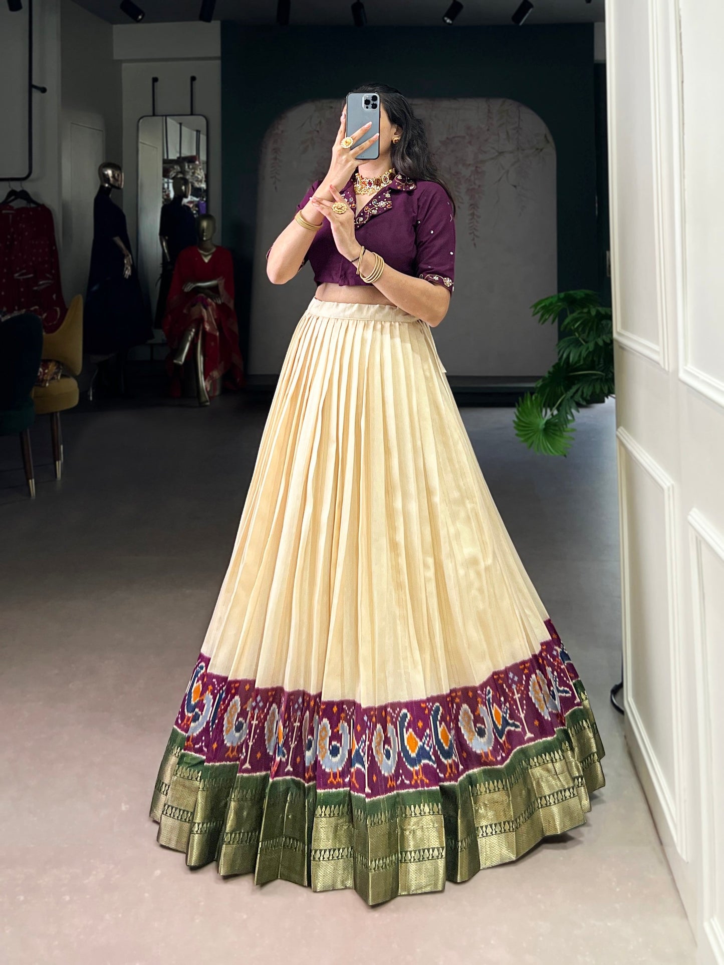 Lorenvalley Fashion Offwhite Poly Cotton Printed With Zari Weaving Lehenga Choli - Swadesiicart