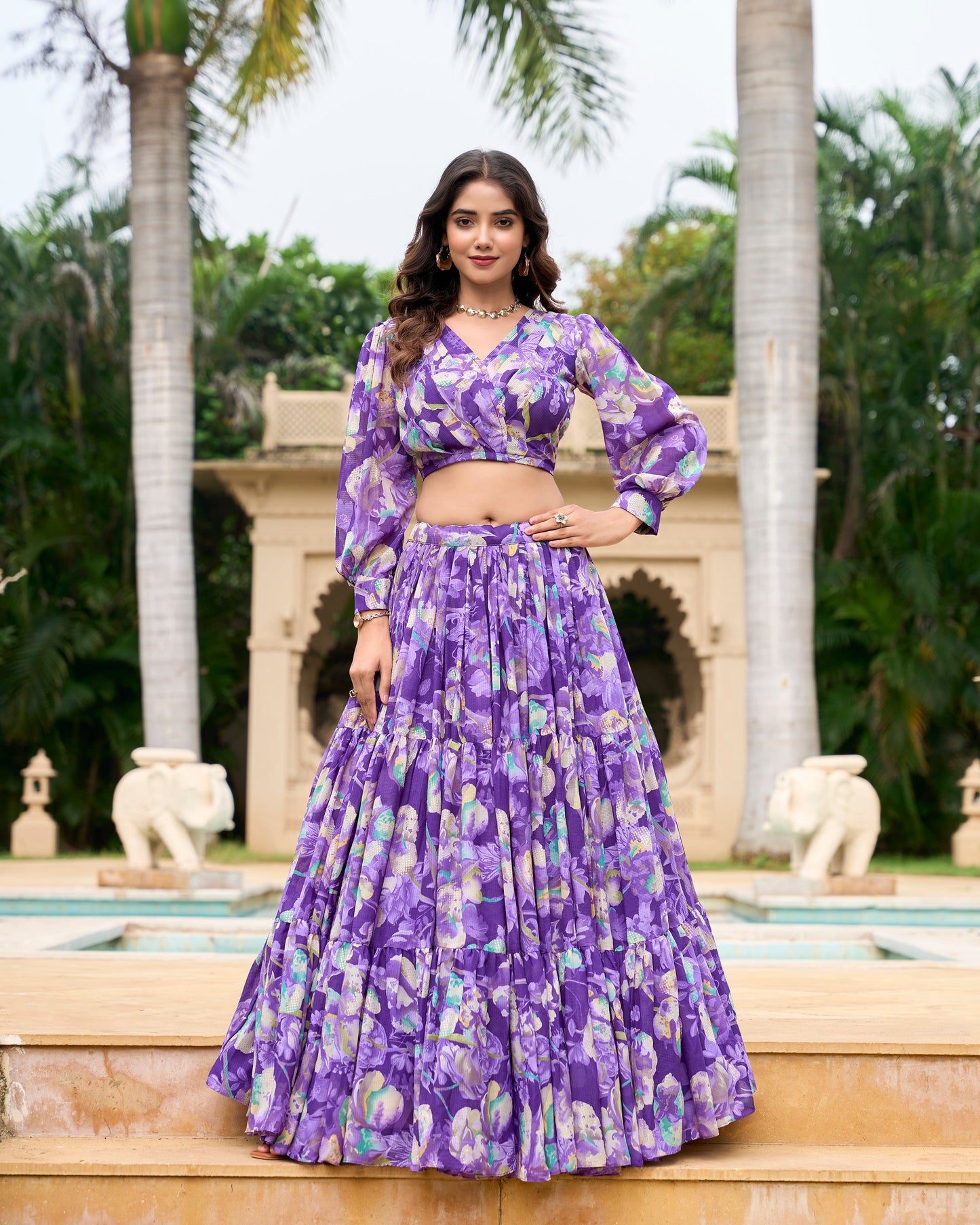 Lorenvalley Purple Georgette Chex beautiful Floral Print ethnic Co-ord Set - Swadesiicart