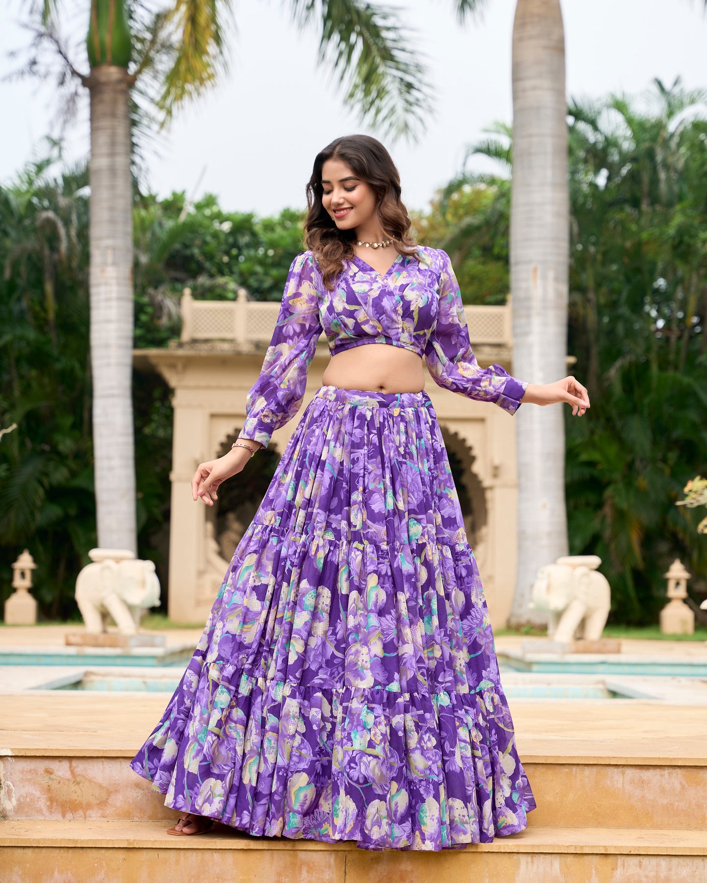 Lorenvalley Purple Georgette Chex beautiful Floral Print ethnic Co-ord Set - Swadesiicart