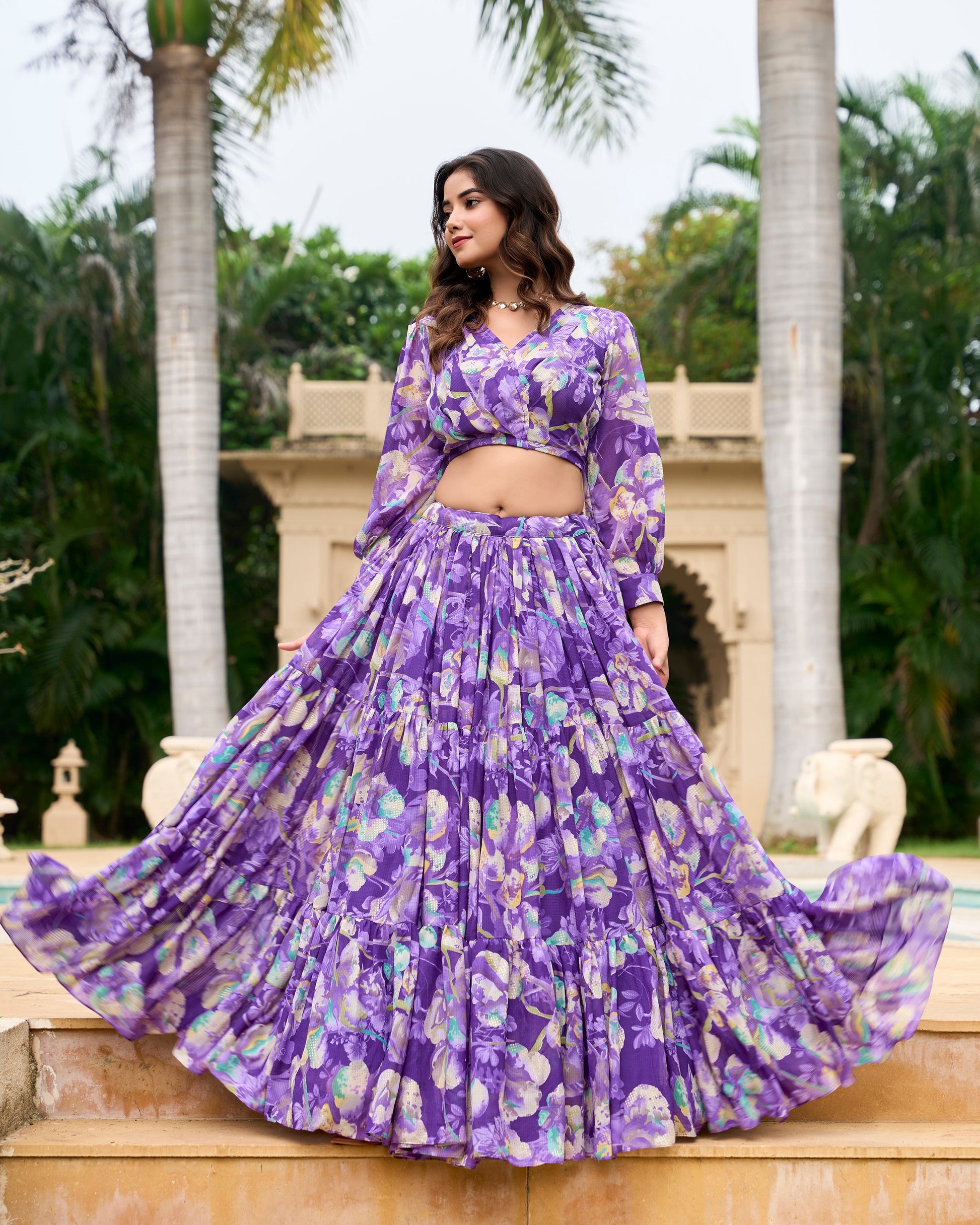 Lorenvalley Purple Georgette Chex beautiful Floral Print ethnic Co-ord Set - Swadesiicart