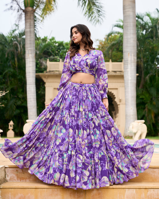 Lorenvalley Purple Georgette Chex beautiful Floral Print ethnic Co-ord Set - Swadesiicart