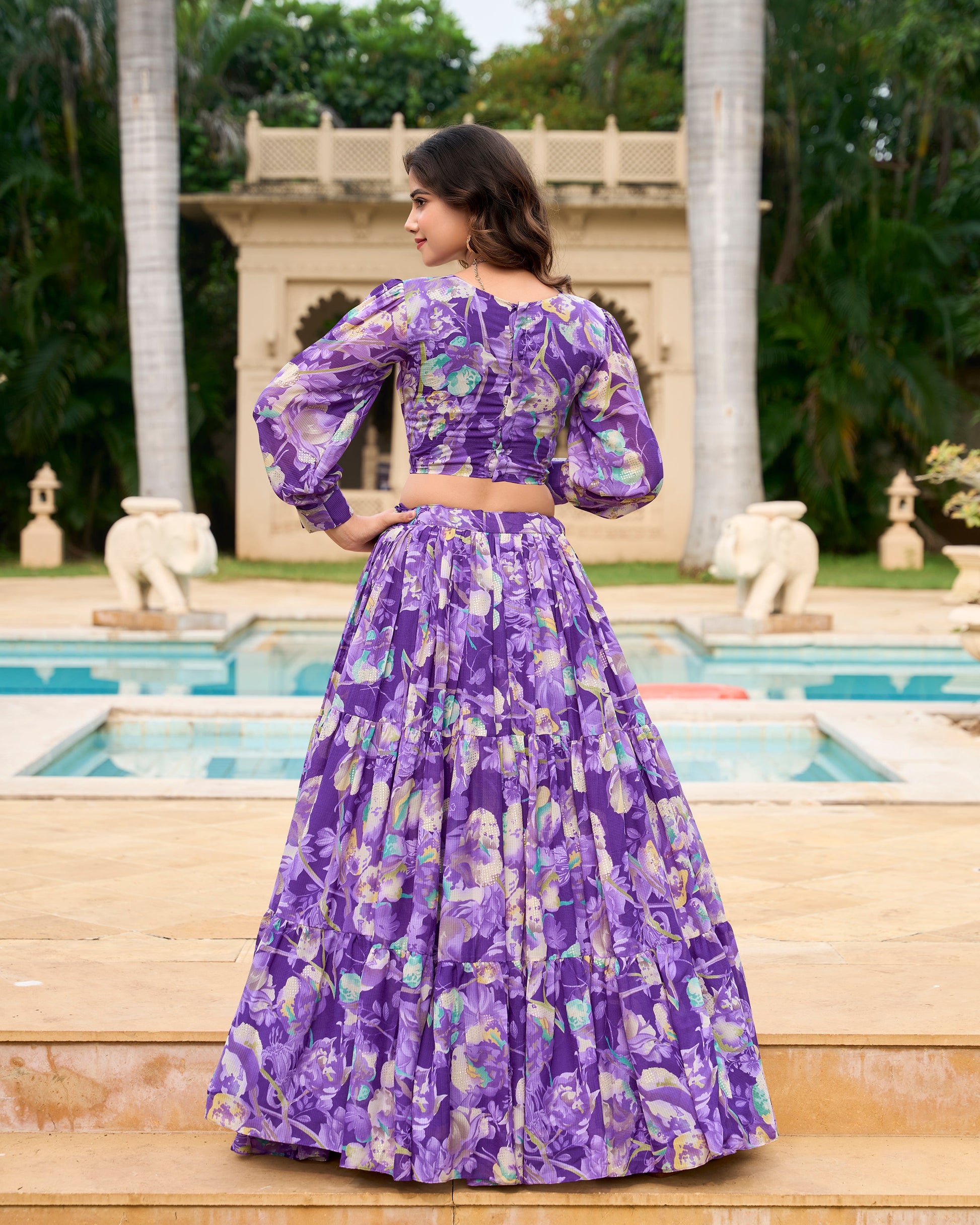 Lorenvalley Purple Georgette Chex beautiful Floral Print ethnic Co-ord Set - Swadesiicart