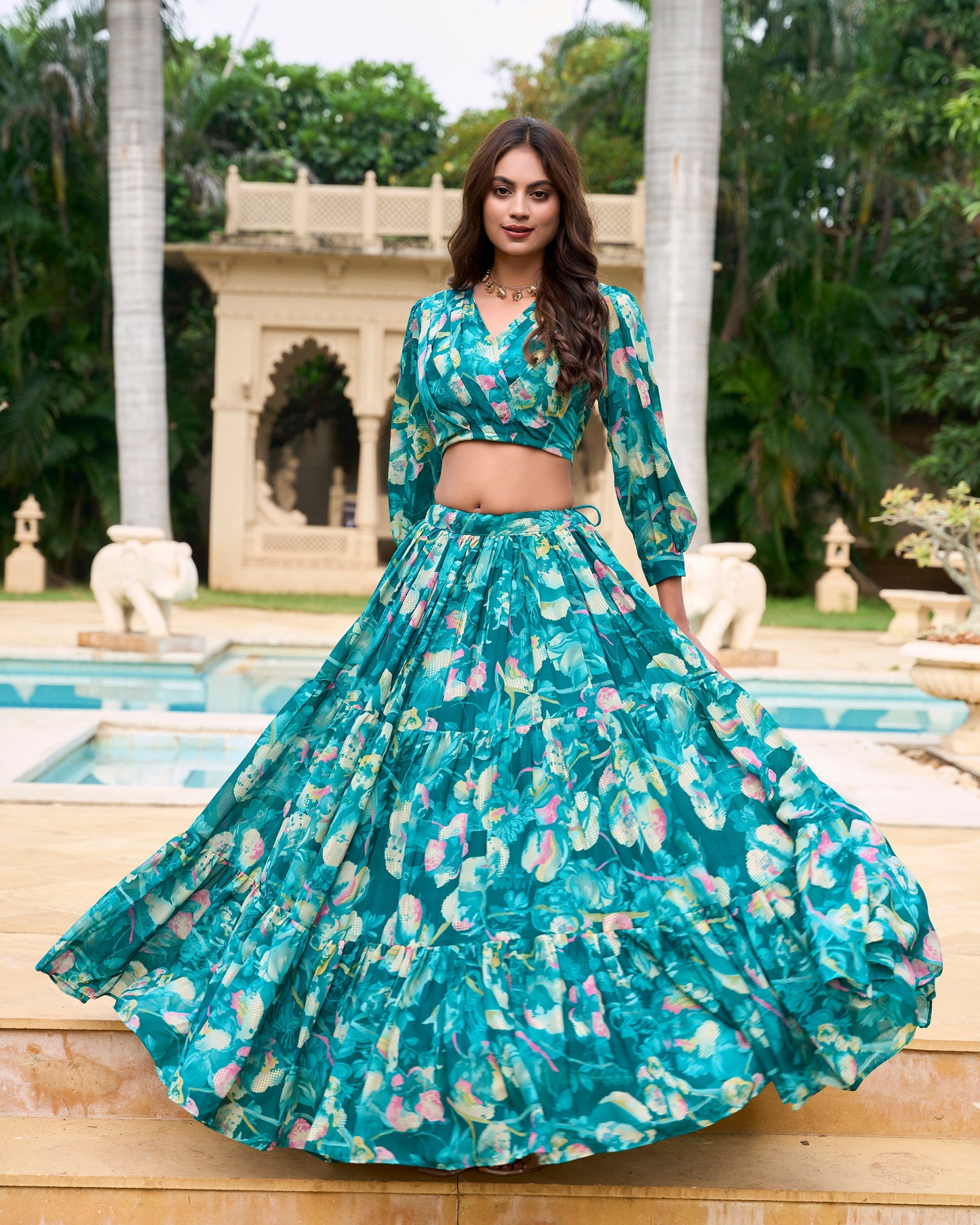 Lorenvalley Teal Georgette Chex beautiful Floral Print ethnic Co-ord Set - Swadesiicart