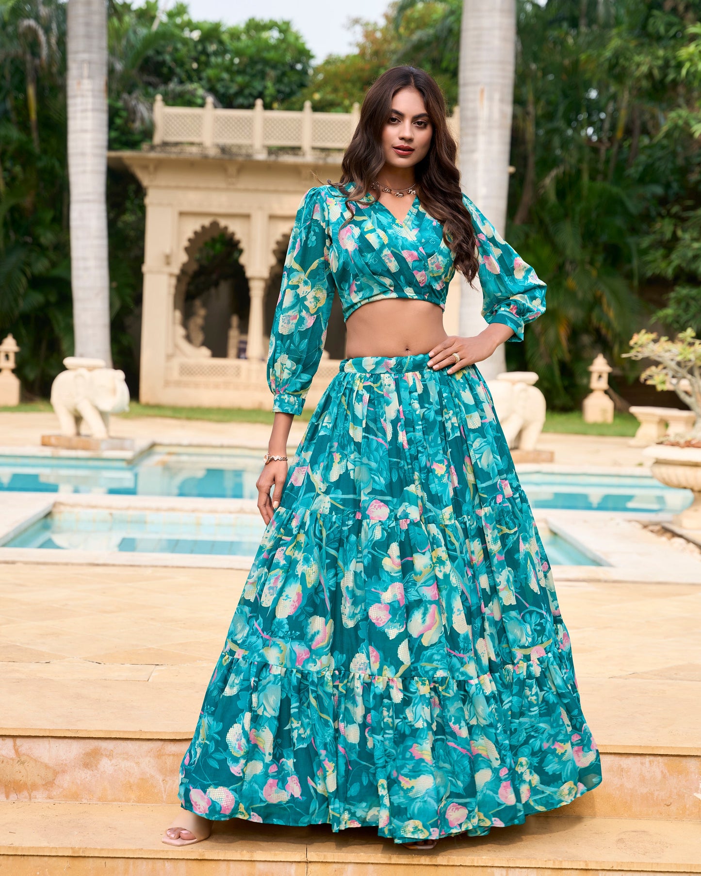 Lorenvalley Teal Georgette Chex beautiful Floral Print ethnic Co-ord Set - Swadesiicart