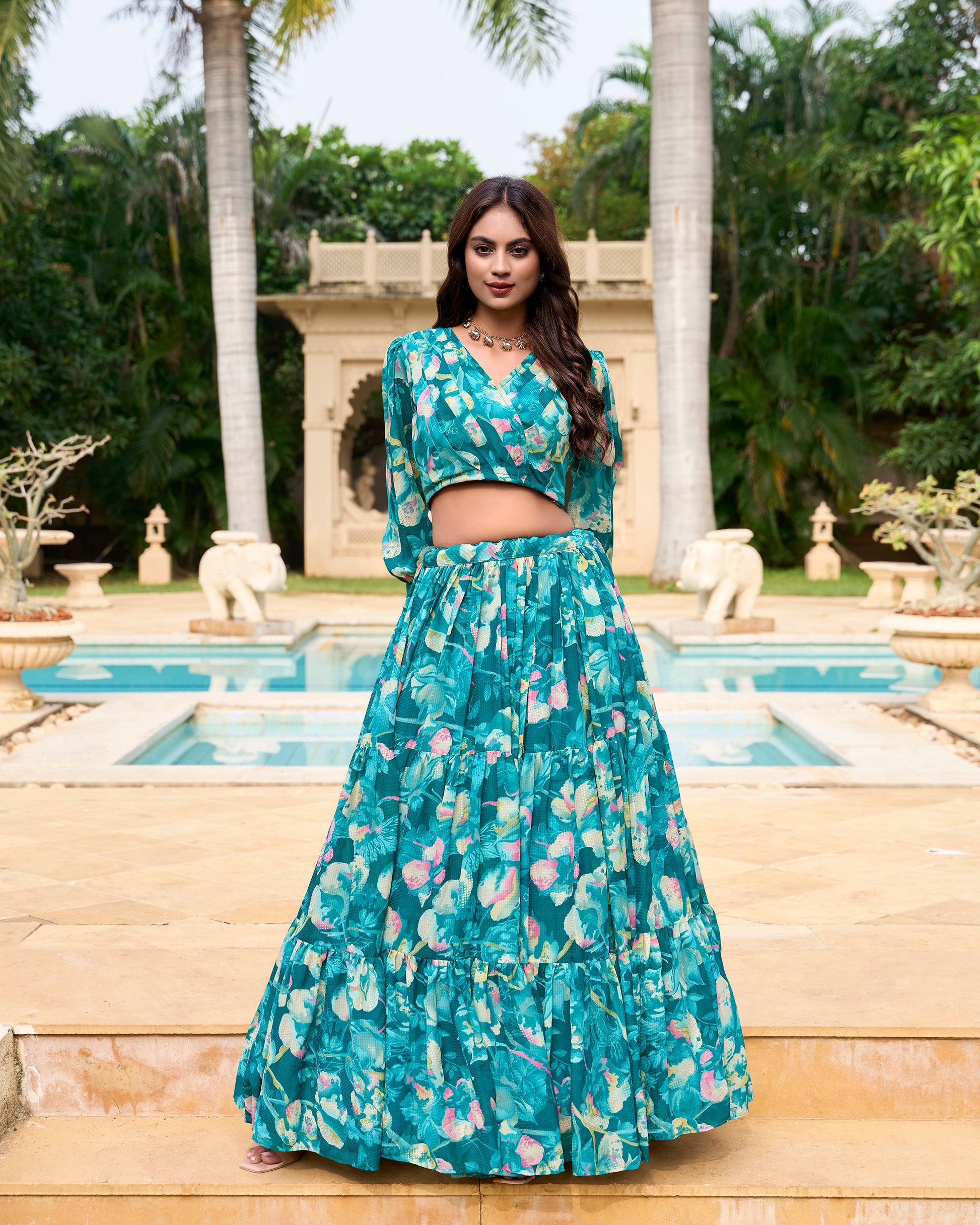 Lorenvalley Teal Georgette Chex beautiful Floral Print ethnic Co-ord Set - Swadesiicart