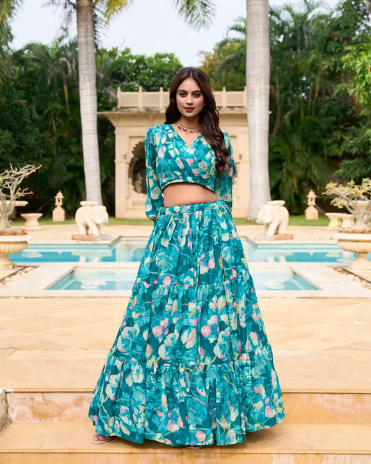 Lorenvalley Teal Georgette Chex beautiful Floral Print ethnic Co-ord Set - Swadesiicart