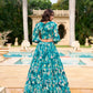 Lorenvalley Teal Georgette Chex beautiful Floral Print ethnic Co-ord Set - Swadesiicart