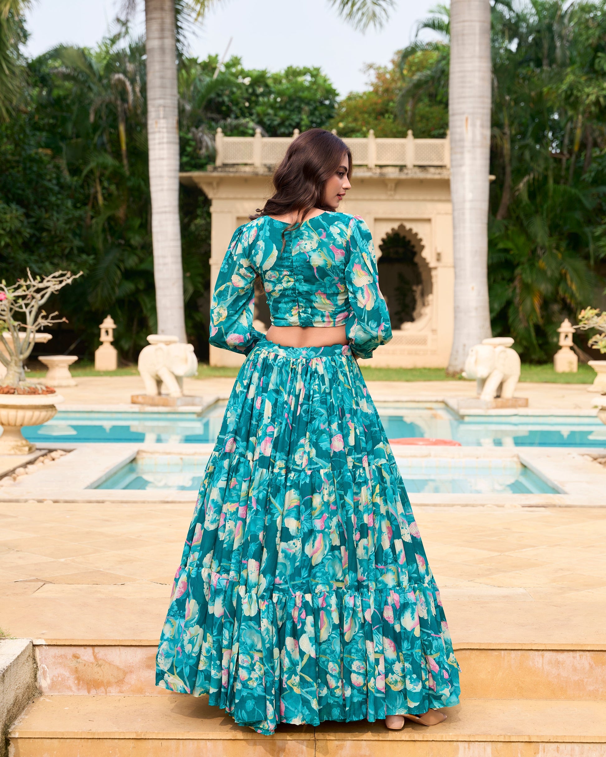 Lorenvalley Teal Georgette Chex beautiful Floral Print ethnic Co-ord Set - Swadesiicart