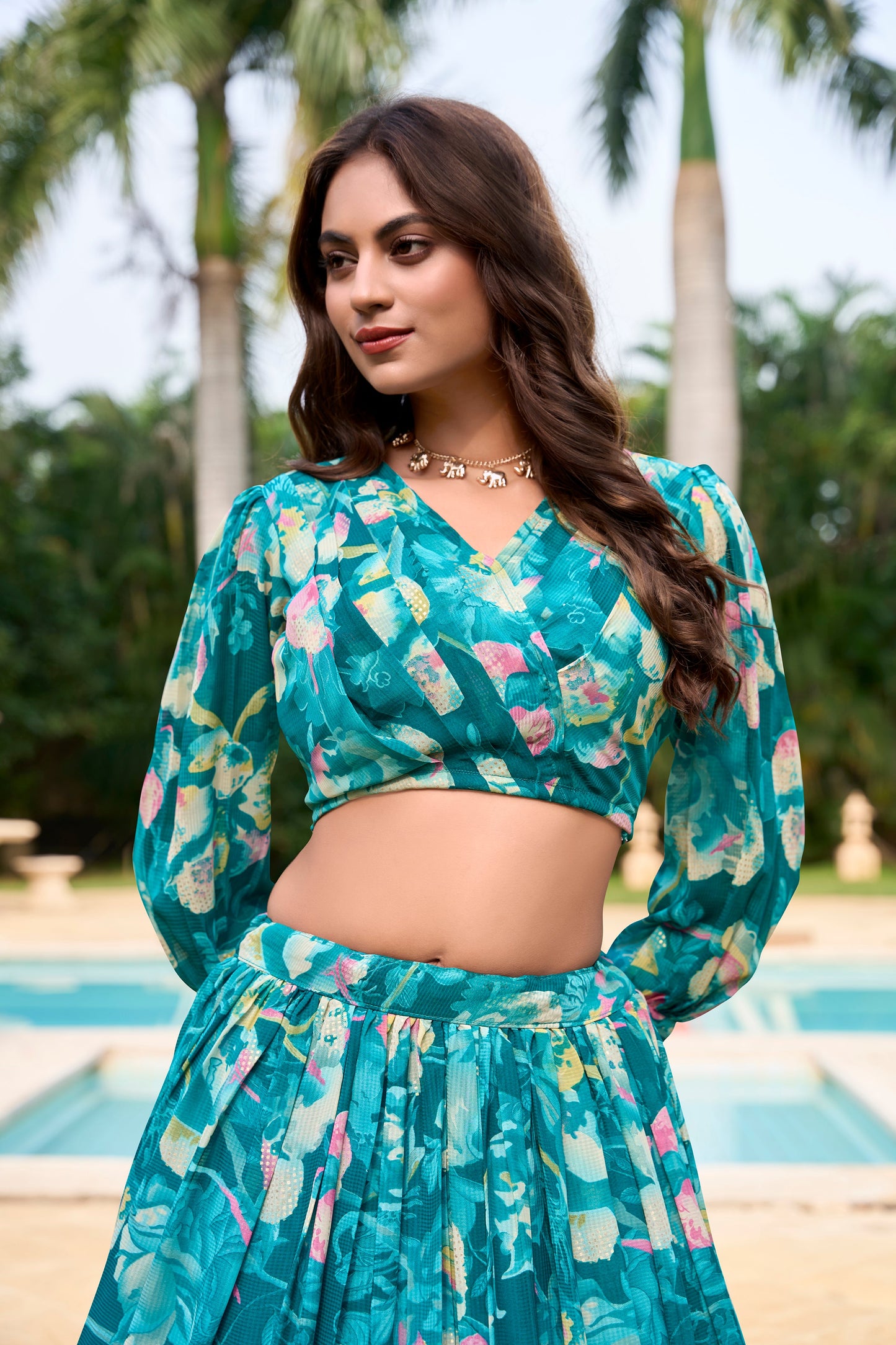 Lorenvalley Teal Georgette Chex beautiful Floral Print ethnic Co-ord Set - Swadesiicart
