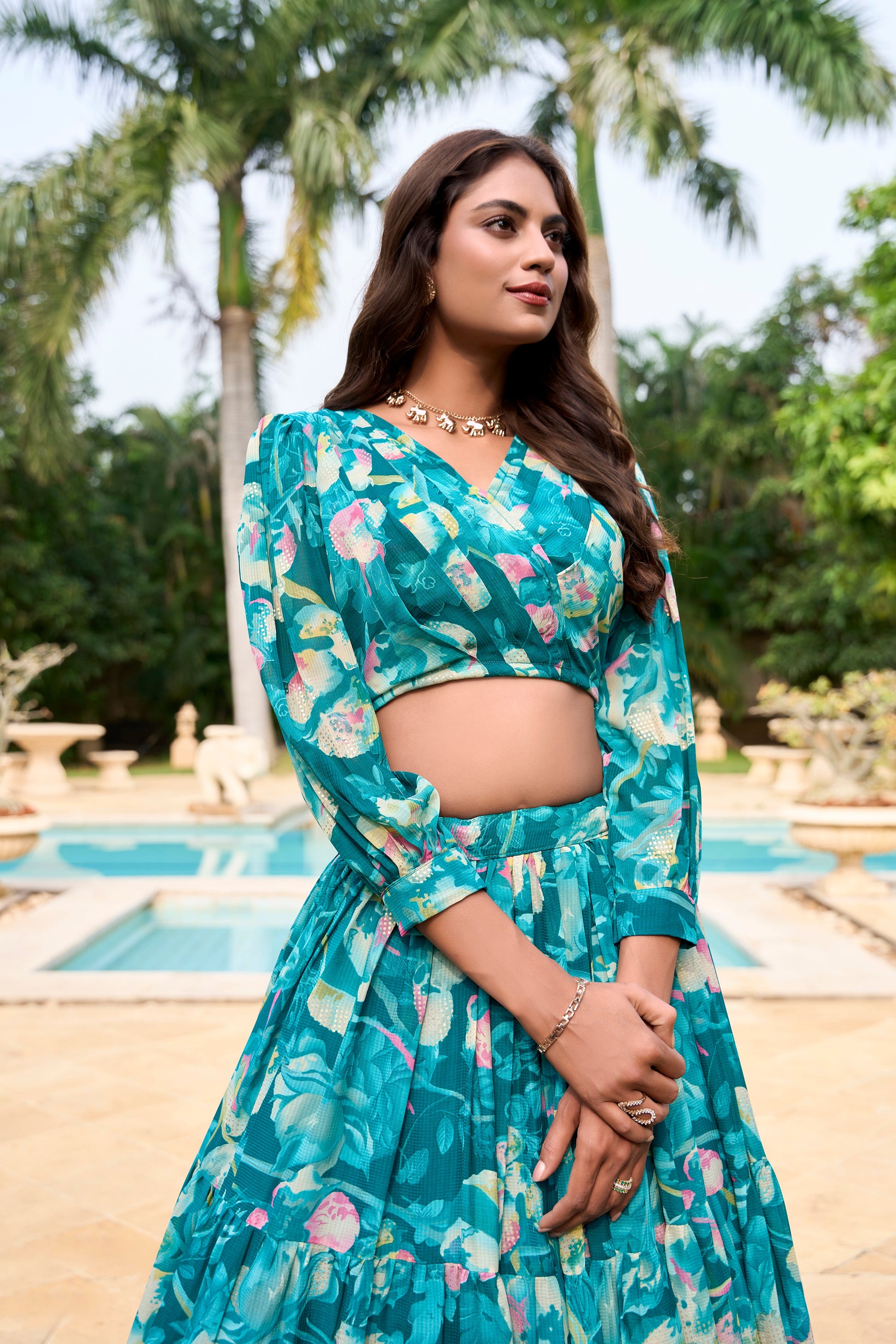 Lorenvalley Teal Georgette Chex beautiful Floral Print ethnic Co-ord Set - Swadesiicart