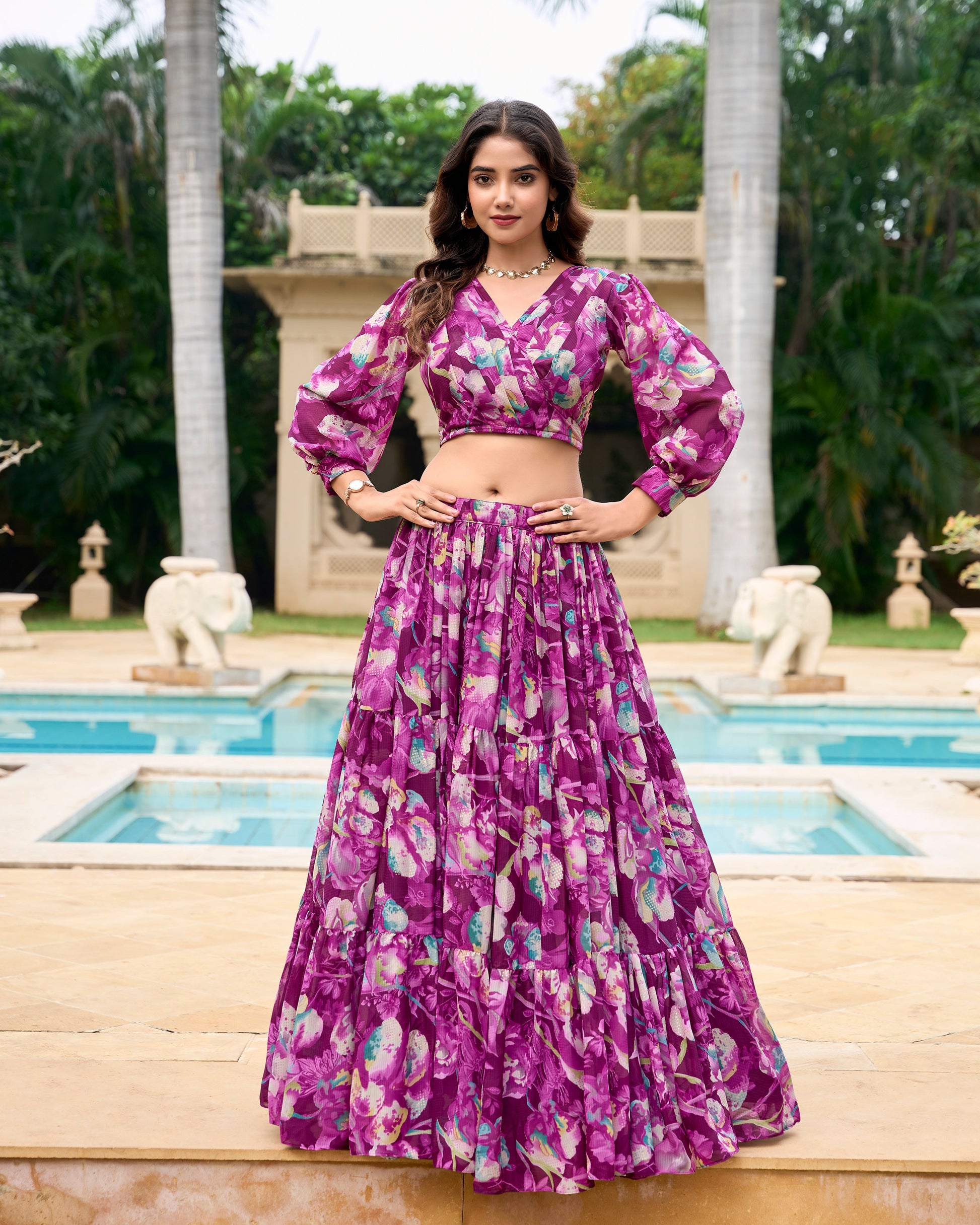 Lorenvalley Wine Georgette Chex beautiful Floral Print ethnic Co-ord Set - Swadesiicart