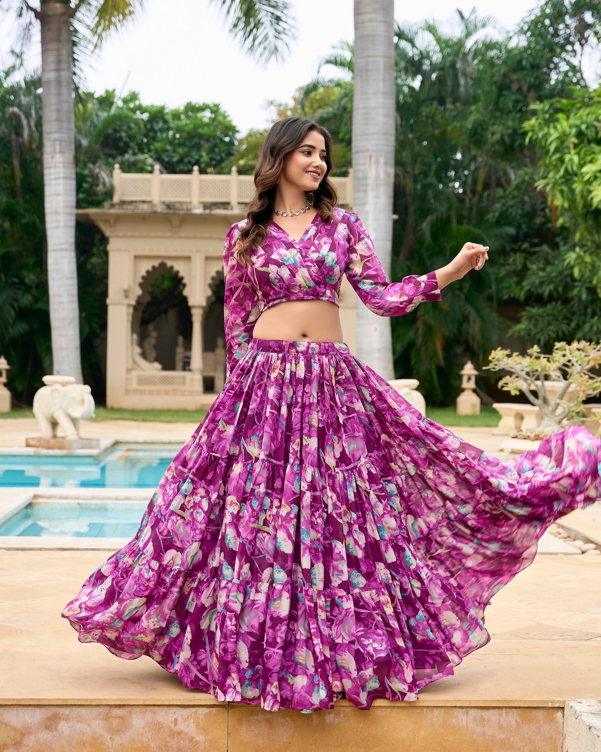 Lorenvalley Wine Georgette Chex beautiful Floral Print ethnic Co-ord Set - Swadesiicart
