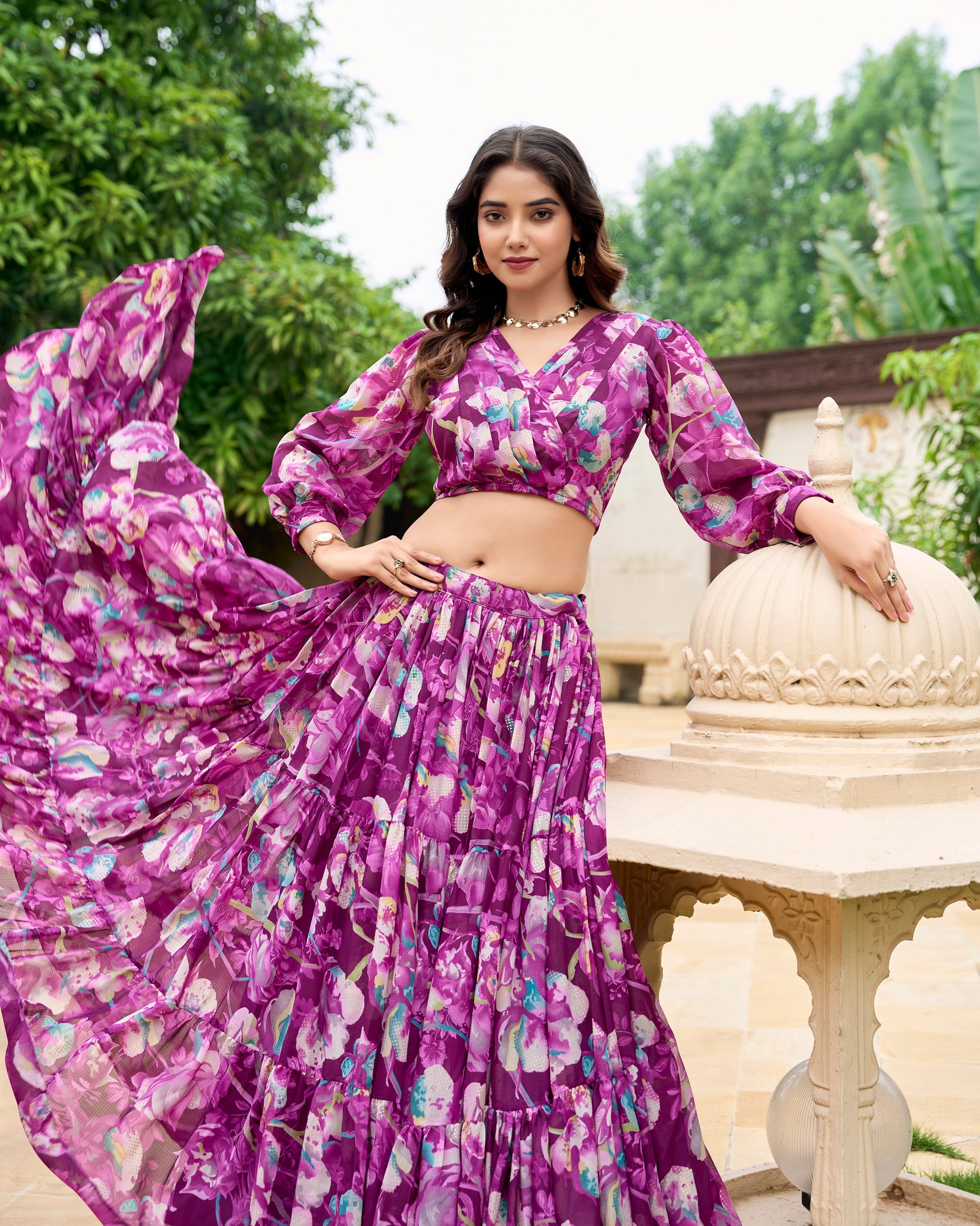 Lorenvalley Wine Georgette Chex beautiful Floral Print ethnic Co-ord Set - Swadesiicart