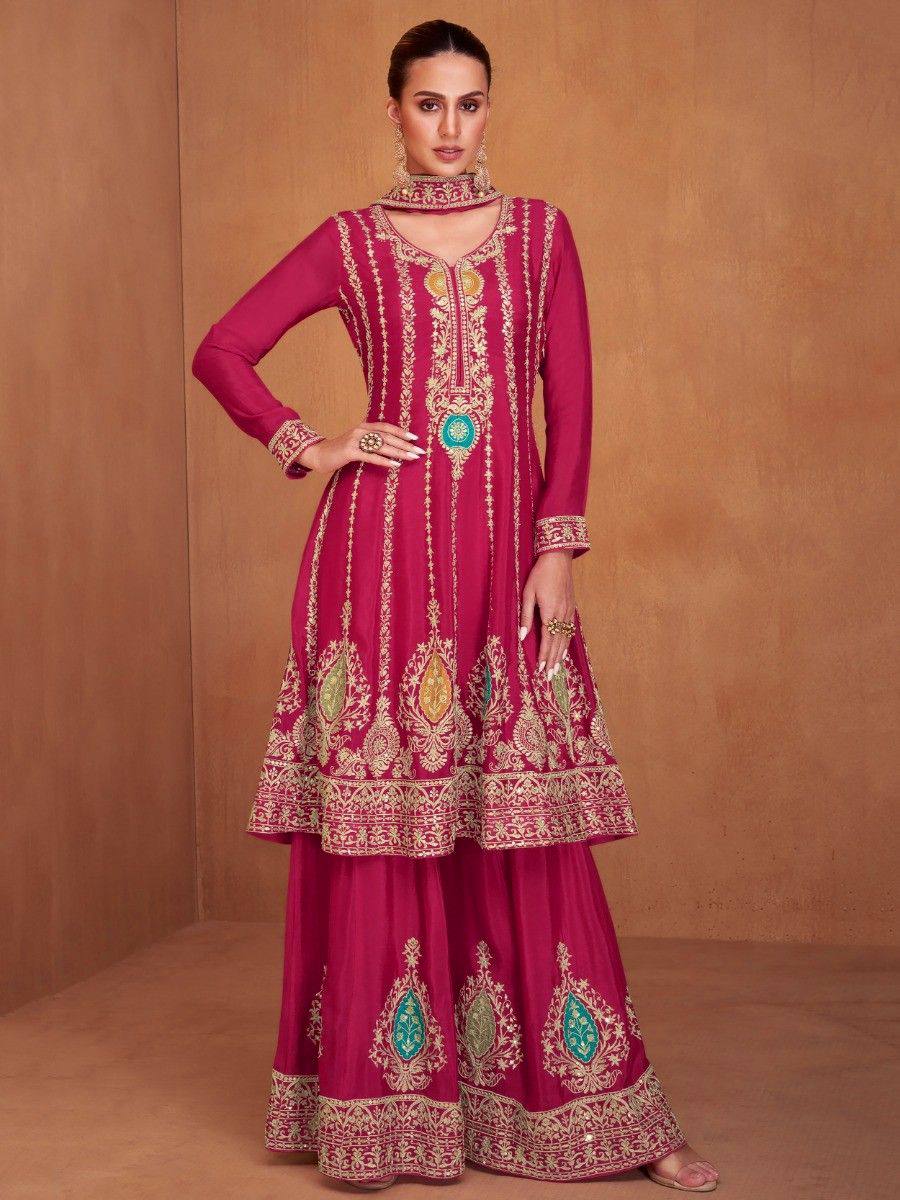 Lorenvalley Magenta Chinon Embroidery With Sequince Work Salwar Kameez Stitched | Swadesiicart