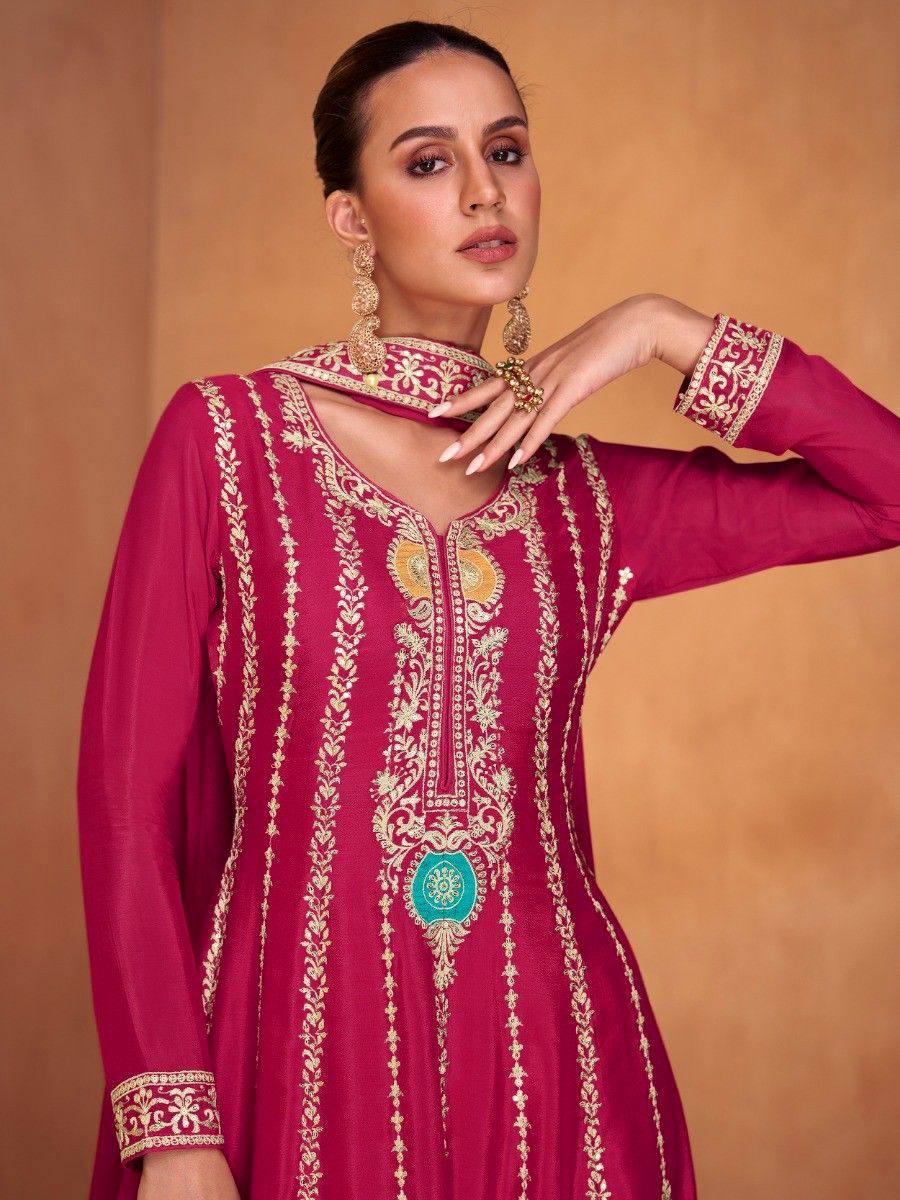Lorenvalley Magenta Chinon Embroidery With Sequince Work Salwar Kameez Stitched | Swadesiicart